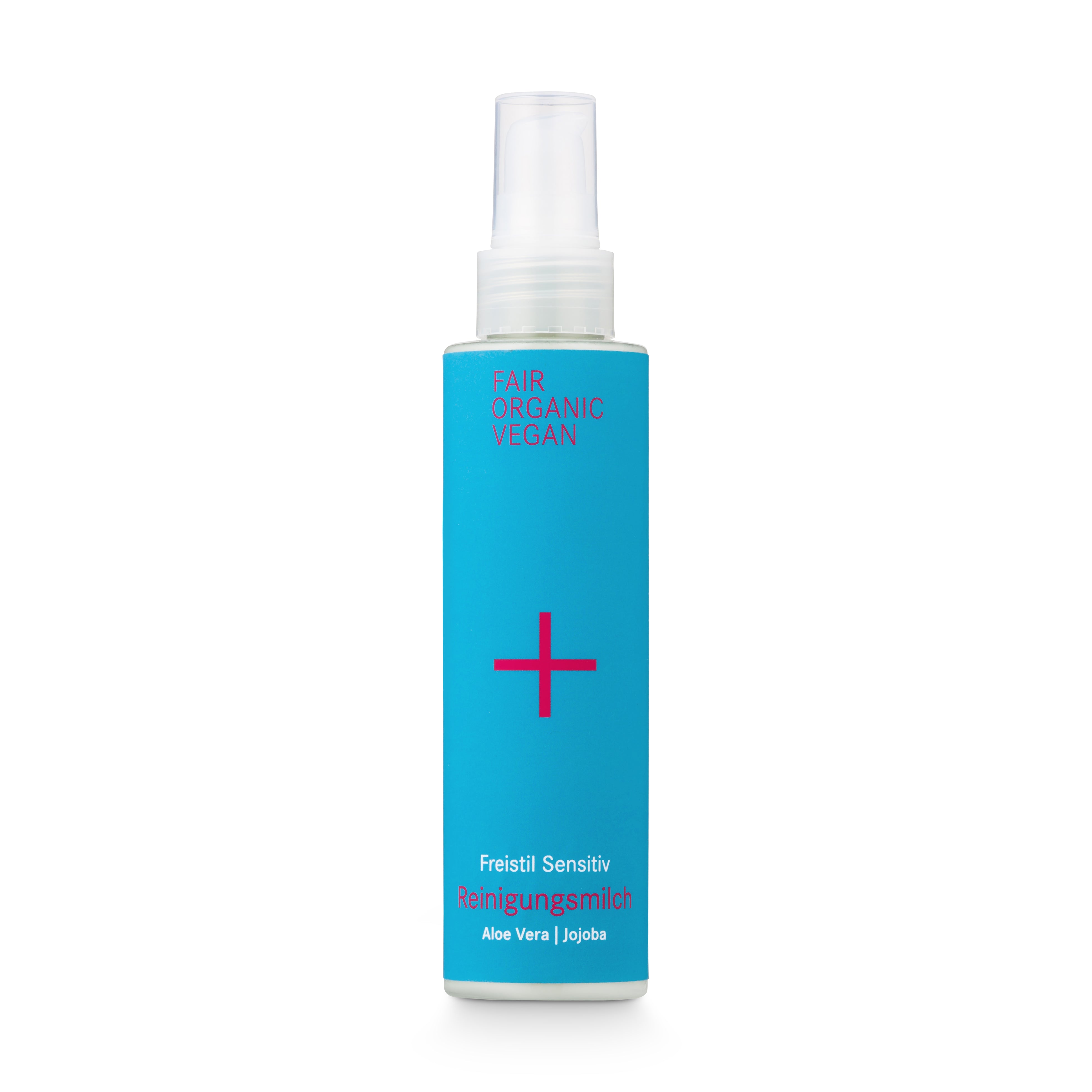Eine blaue Flasche mit der Aufschrift "Fair Organic Vegan", Freistil Sensitiv Reinigungsmilch, Aloe Vera und Jojoba.
