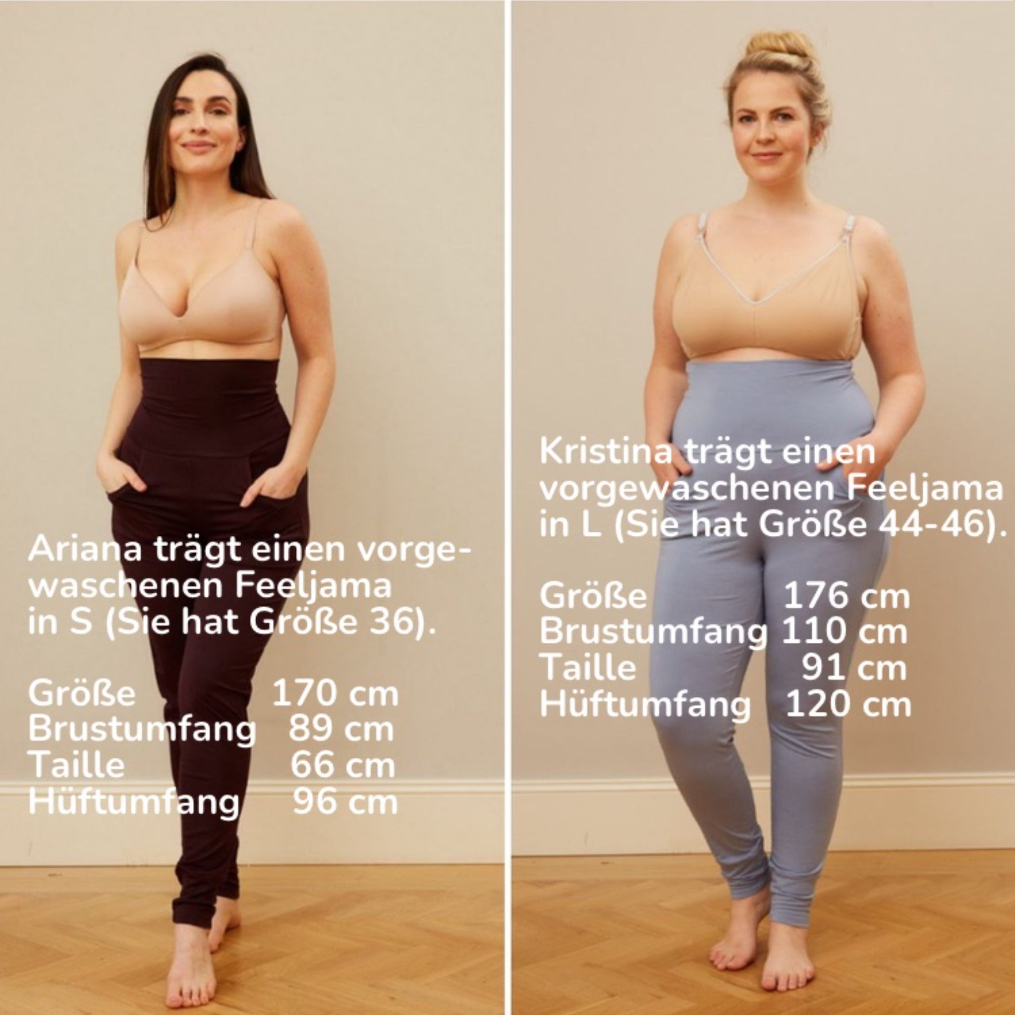 Zwei Frauen in bequemer Kleidung, links in Schwarz, rechts in Blau, mit Körpermaßen und Größenangaben überlagert.
