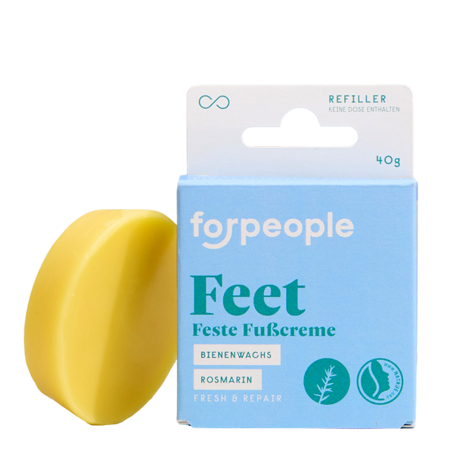 Eine gelbe, ovale Fußcreme steht neben einer blau-weißen Verpackung mit der Aufschrift forpeople Feet Feste Fußcreme, die mit Symbolen und Text darauf hinweist, dass sie Bienenwachs und Rosmarin enthält.