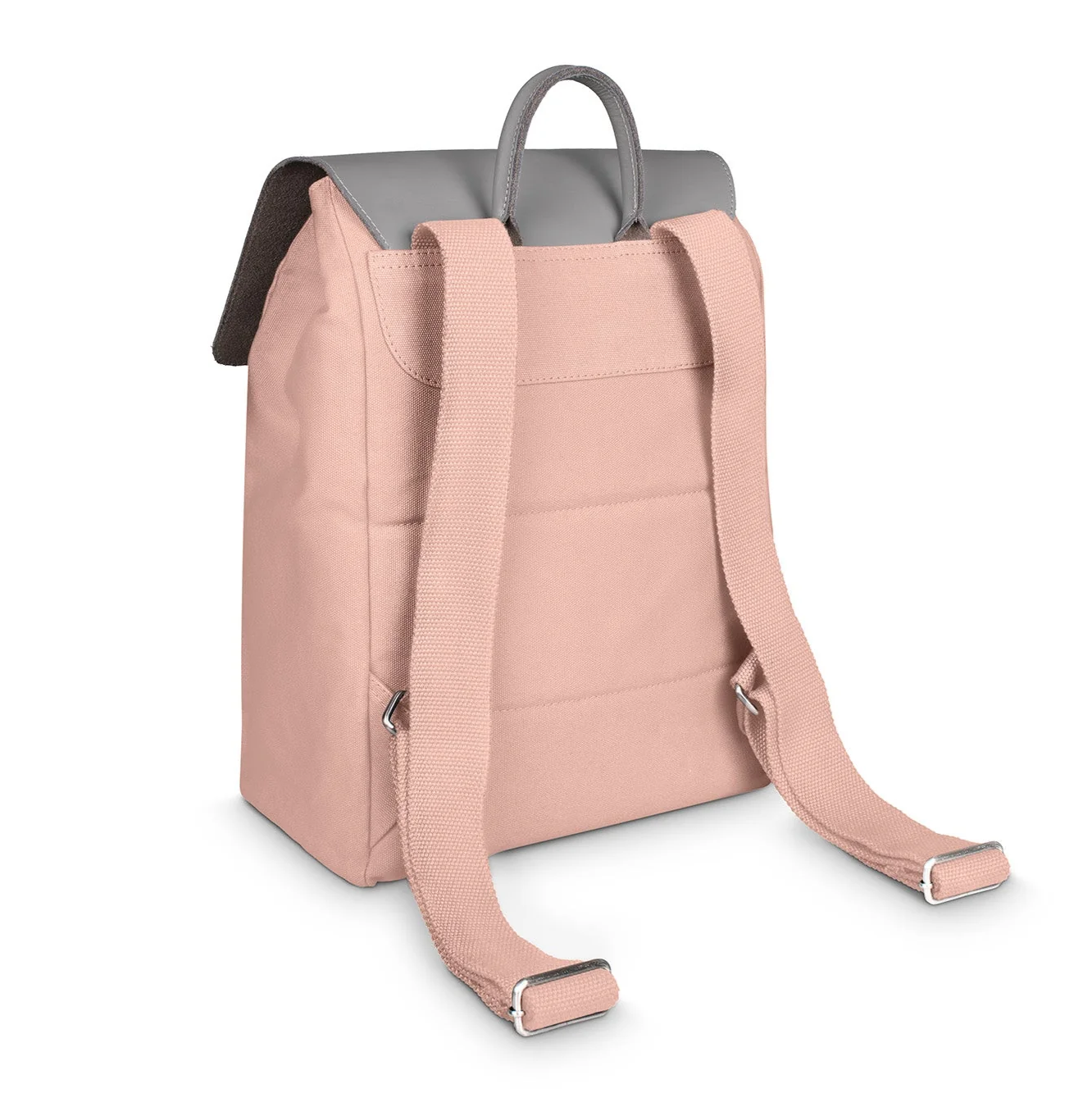 Rosa Rucksack mit grauem Deckel, getragen auf der Rückseite mit zwei rosa Trägern und einem grauen Griff oben.