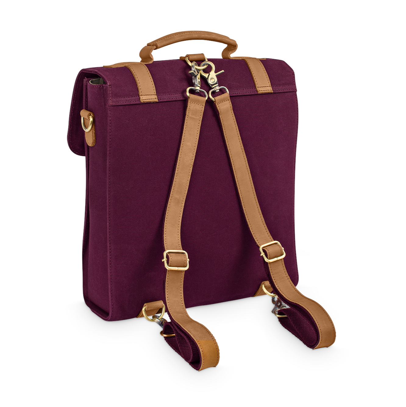 Weinroter Rucksack mit braunen Lederriemen und goldenen Schnallen, stehend auf weißem Hintergrund.