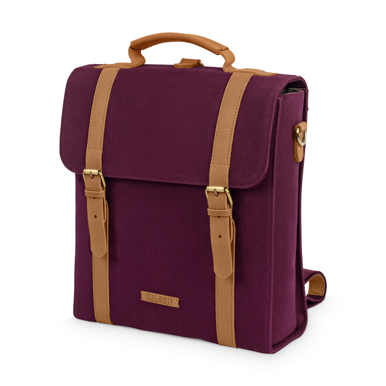 Lila Rucksack mit braunen Trägern und einem Griff, verziert mit einem kleinen Namensschild auf der Vorderseite.
