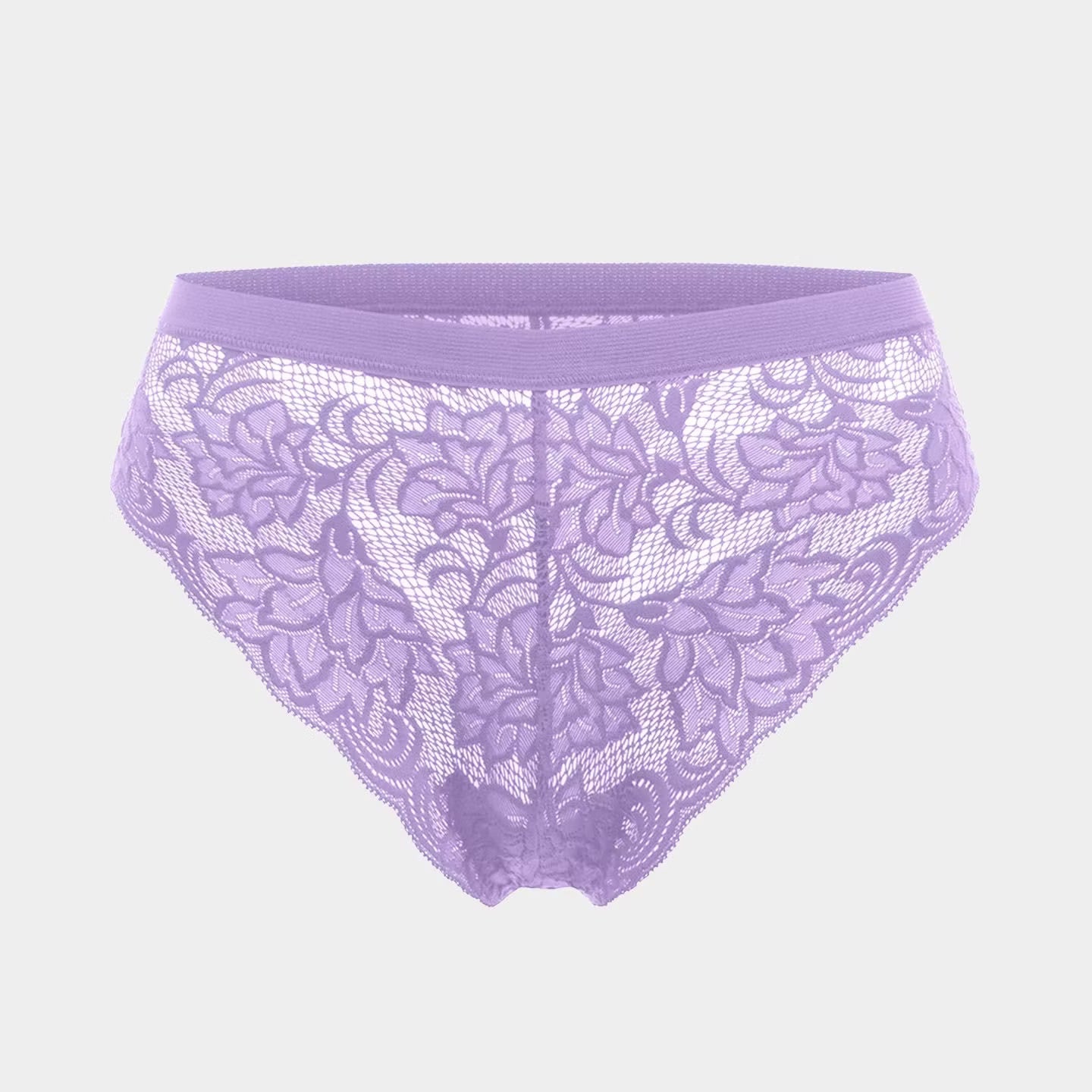 Lila Spitzenslip mit floralen Mustern auf grauem Hintergrund.