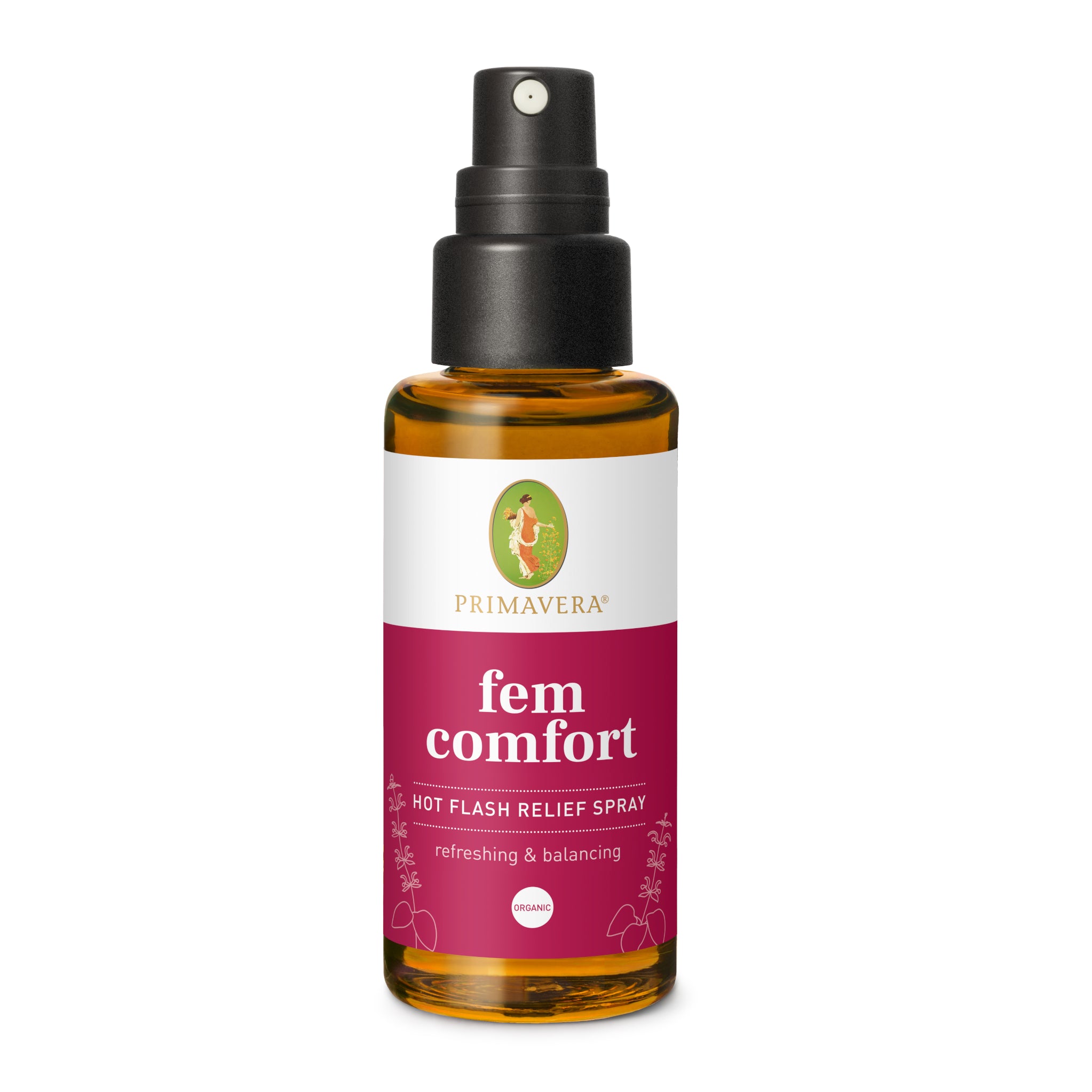 Eine braune Sprühflasche mit der Aufschrift Primavera fem comfort Hitzeschutzspray mit einem rosa-weißen Muster, einem schwarzen Sprühkopf und einem kleinen grünen Logo oben auf dem Etikett.