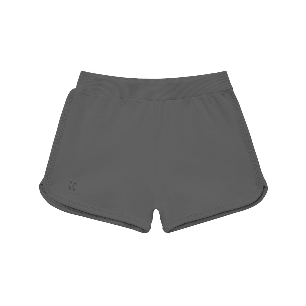 Dunkelgraue Sportshorts mit breitem Gummibund und abgerundeten Säumen, flach auf weißem Hintergrund. Auf der unteren linken Seite ist ein kleines H aufgestickt.