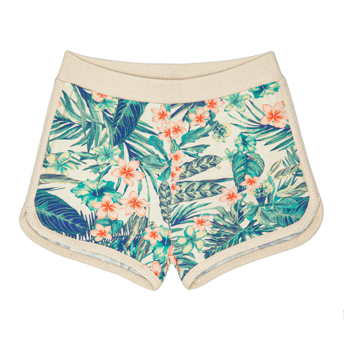Ein Paar cremefarbene Shorts mit einem lebhaften tropischen Blumen- und Blattmuster in Grün, Petrol und Orange, mit cremefarbenen Besätzen am Bund und an den Kanten.