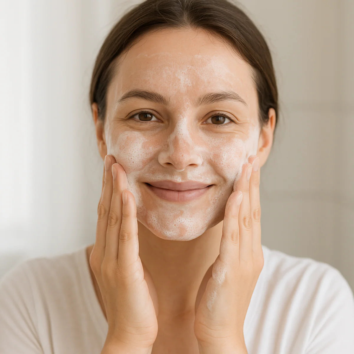 Eine Person mit heller Haut lächelt, während sie mit beiden Händen einen schaumigen Gesichtsreiniger auf ihr Gesicht aufträgt. Sie trägt ein weißes Oberteil und befindet sich in einem hellen Raum.