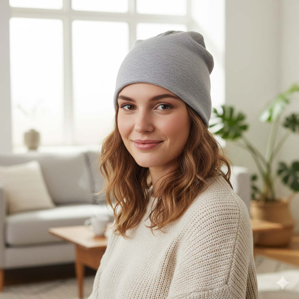 Eine junge Frau mit gewelltem braunem Haar, die eine graue Mütze und einen cremefarbenen Pullover trägt, lächelt sanft, während sie in einem hellen, gemütlichen Wohnzimmer mit Pflanzen und einem Sofa im Hintergrund sitzt.