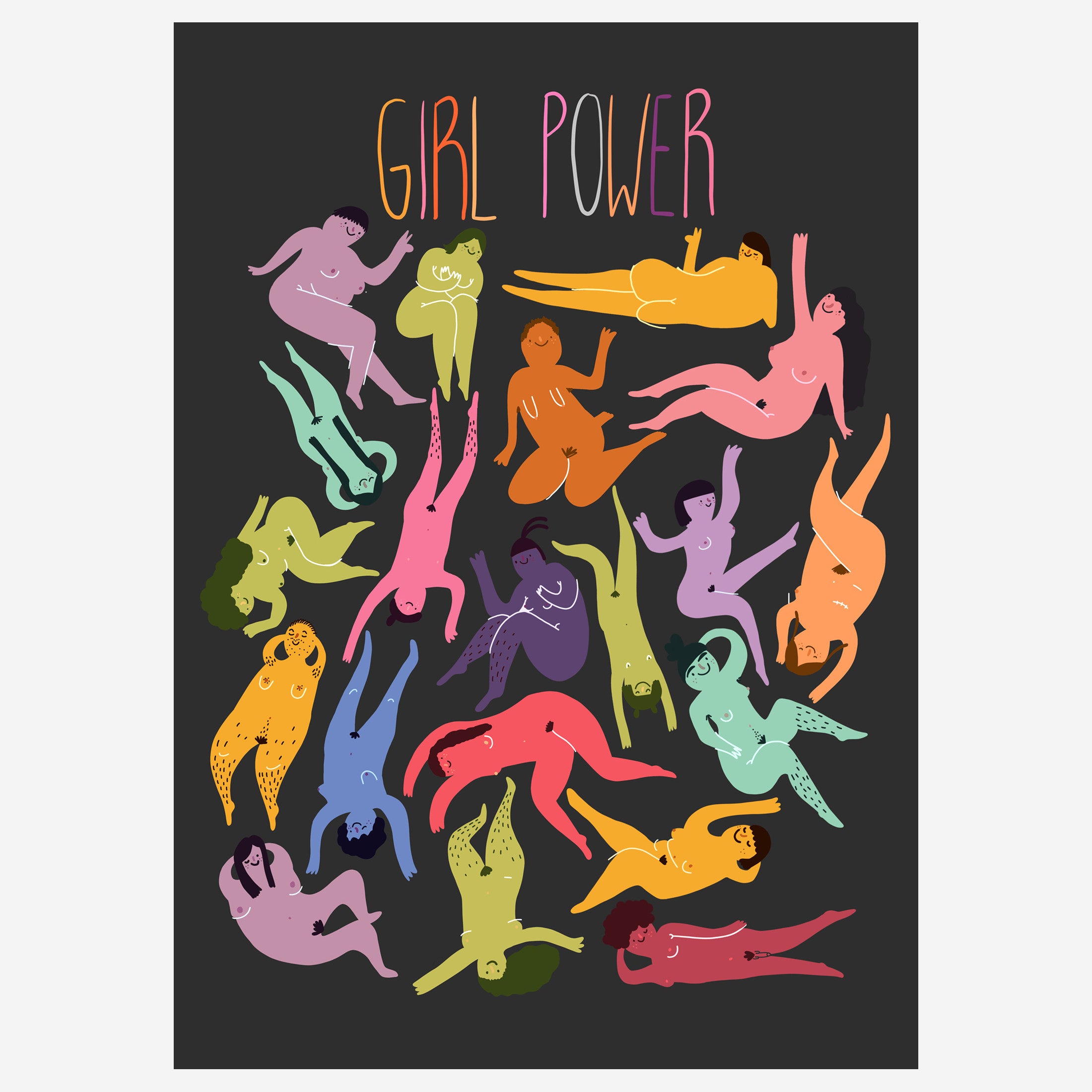 Illustration von diversen, bunten Frauenkörpern und dem Schriftzug "Girl Power" auf dunklem Hintergrund.