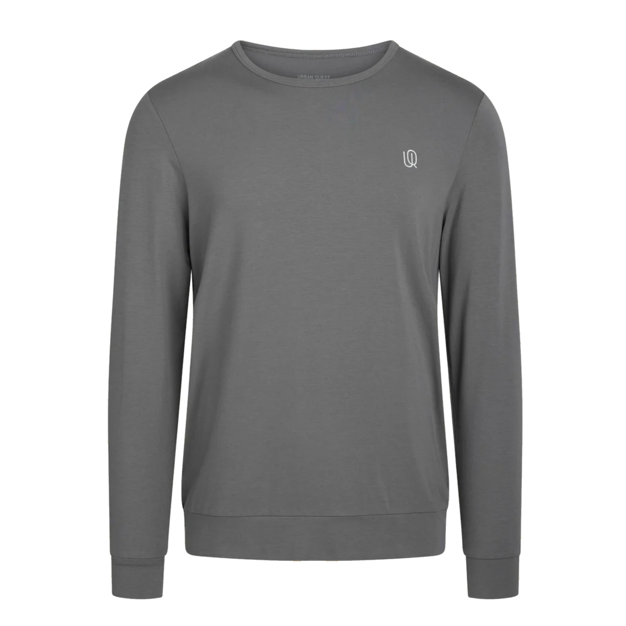 Graues Sweatshirt mit Rundhalsausschnitt und kleinem weißen Logo auf der Brust.