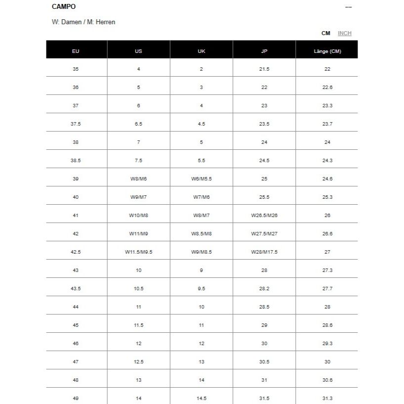 Schuhgrößentabelle zeigt EU-, US-, UK-, JP-Größen und Längen in cm für Damen und Herren.