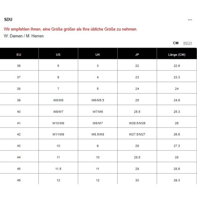 Schuhgrößentabelle mit europäischen, US-, UK- und japanischen Größen sowie Zentimeterangaben.