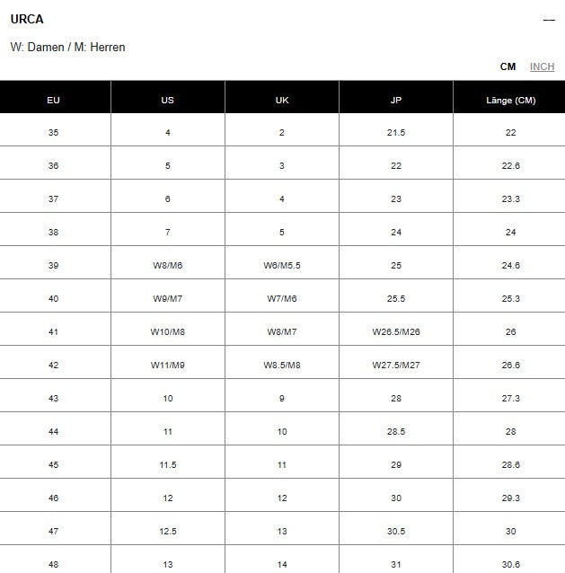 Größentabelle mit Schuhgrößen in EU, US, UK, JP und cm, für Damen und Herren.