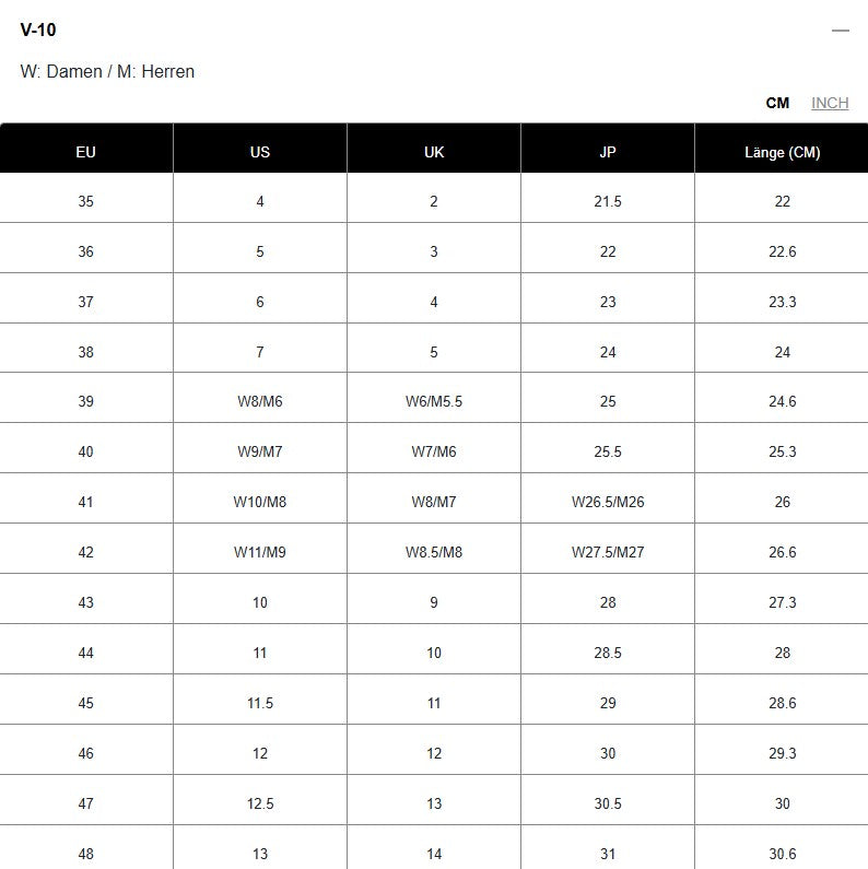 Größentabelle für Schuhe mit EU-, US-, UK- und JP-Größen sowie Fußlängen in Zentimetern.
