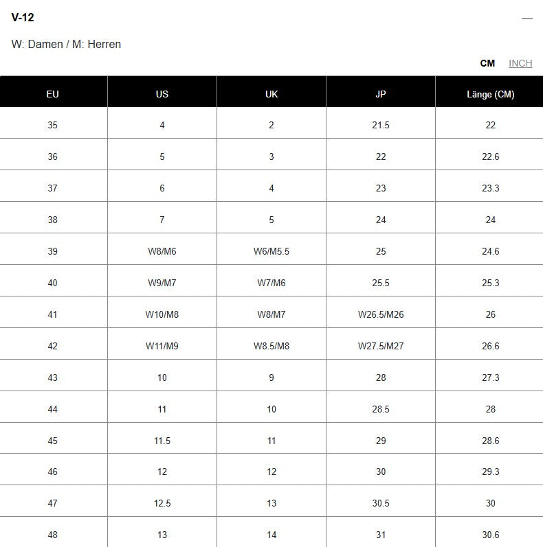 Schuhgrößentabelle für Damen und Herren mit Umrechnungen für EU, US, UK, JP und Längenangaben in Zentimetern.