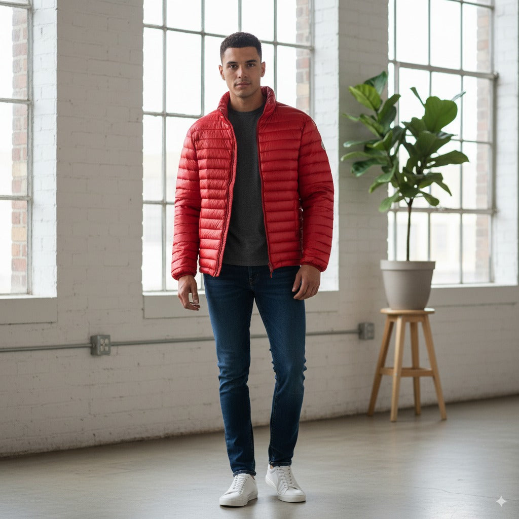 Ein Mann steht in einem Innenraum und trägt eine rote Pufferjacke, dunkle Jeans, ein graues Hemd und weiße Turnschuhe. Er steht vor großen Fenstern mit natürlichem Licht und einer Topfpflanze auf einem Hocker in der Nähe.