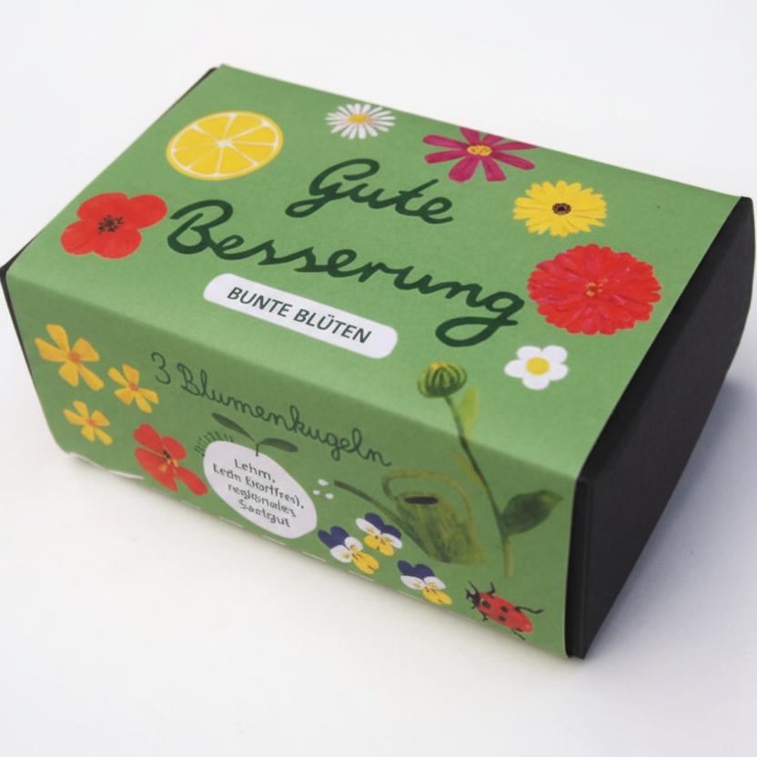 Eine grüne Schachtel, verziert mit bunten Blumen und dem deutschen Text Gute Besserung und Bunte Blüten. Die Schachtel enthält 3 Blumensamen-Kugeln.
