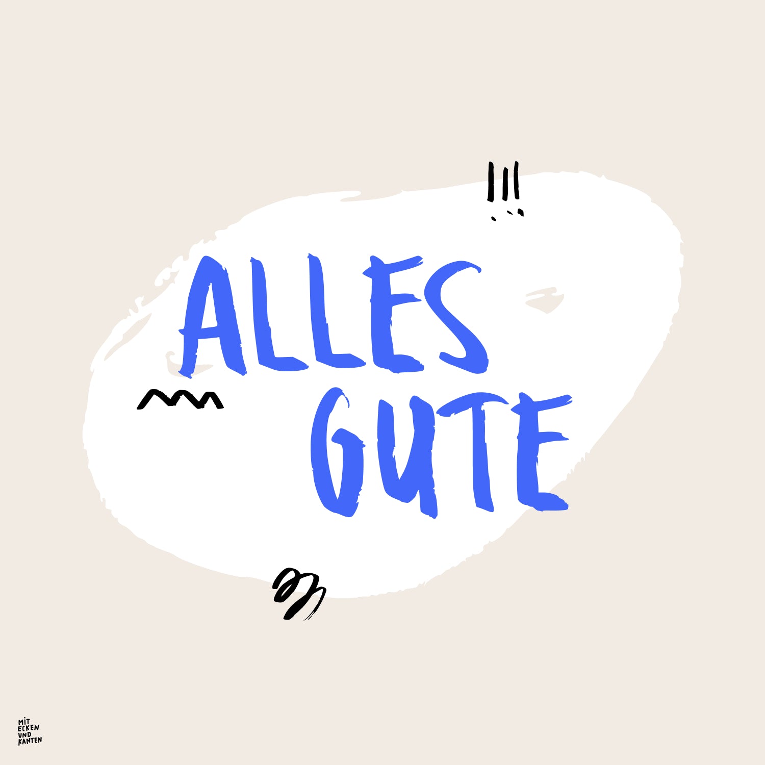 Weiße Karte mit blauer Schrift "ALLES GUTE" und kleinen schwarzen dekorativen Elementen.