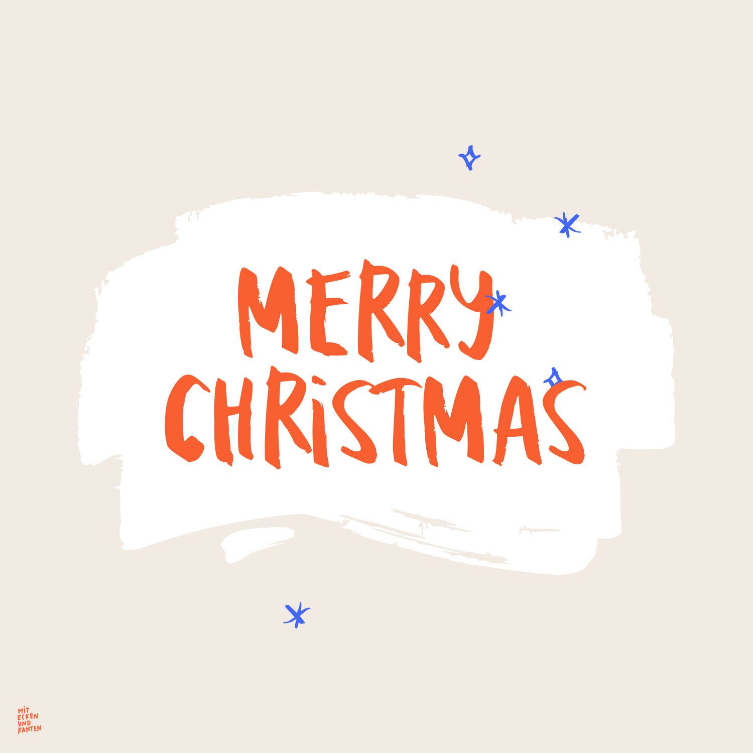 Roter Schriftzug "Merry Christmas" auf weißem Hintergrund mit blauen Sternen.