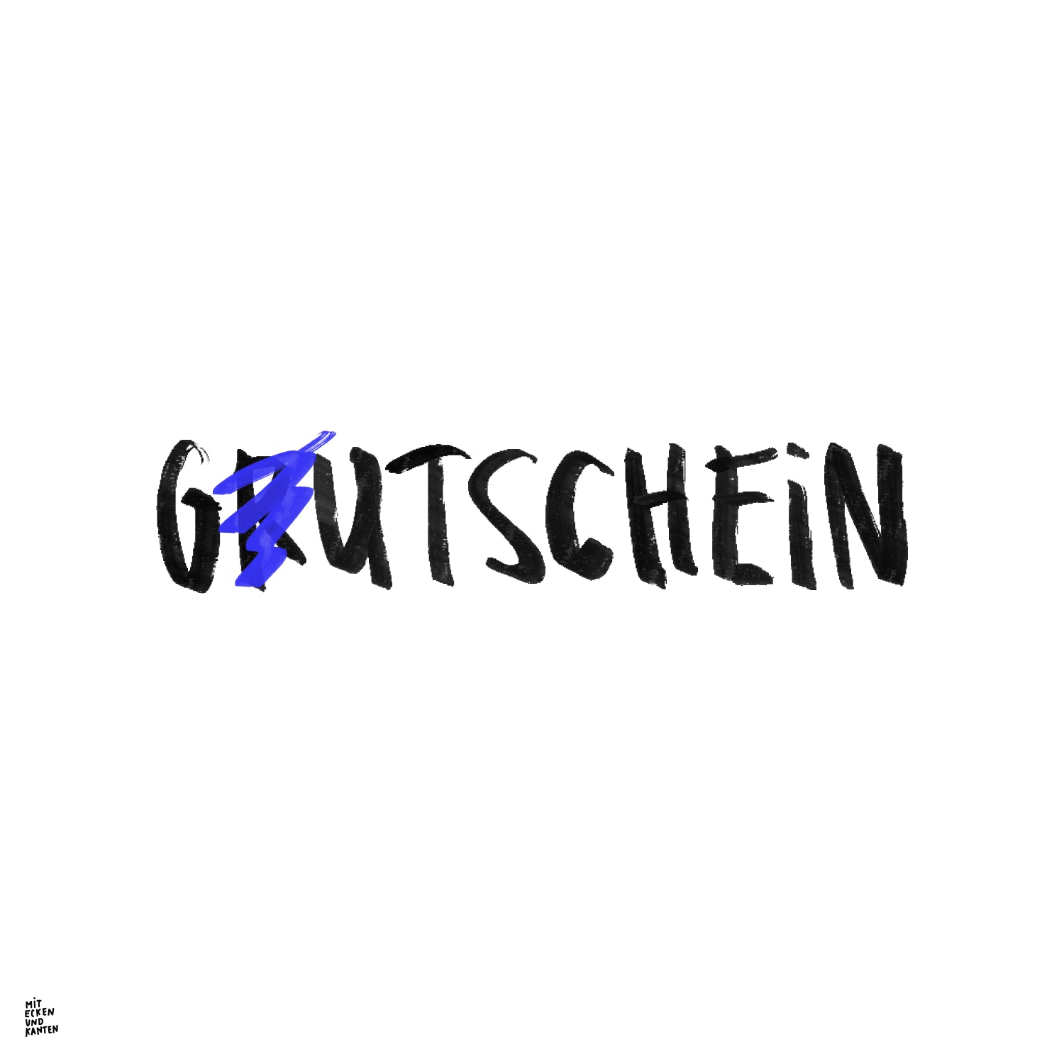 Der Schriftzug "Gutschein" ist in Schwarz mit einem blauen Zickzack über dem "U" auf weißem Hintergrund.