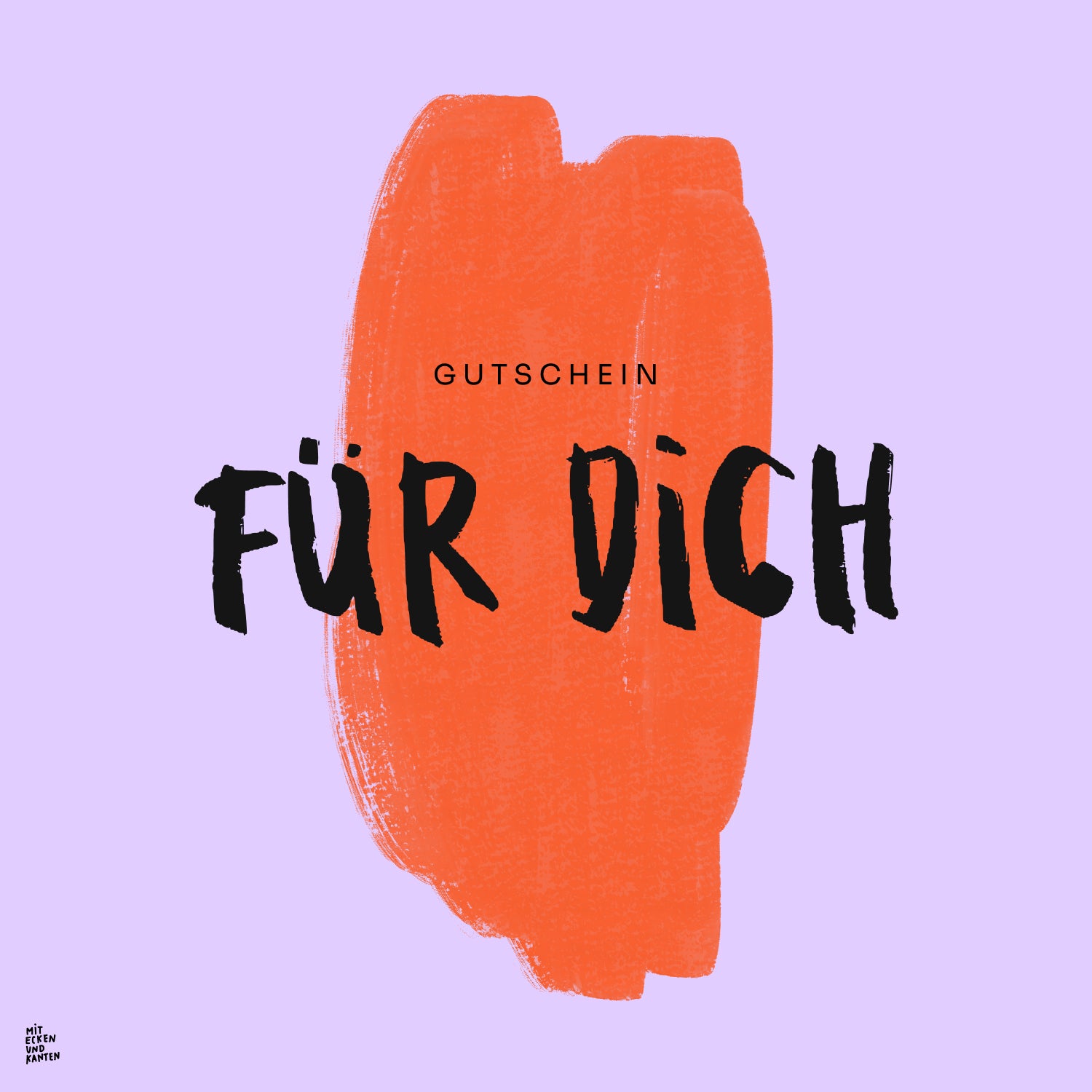 Text "Gutschein Für Dich" auf einem orangefarbenen Hintergrund, der vor einem fliederfarbenen Hintergrund steht.