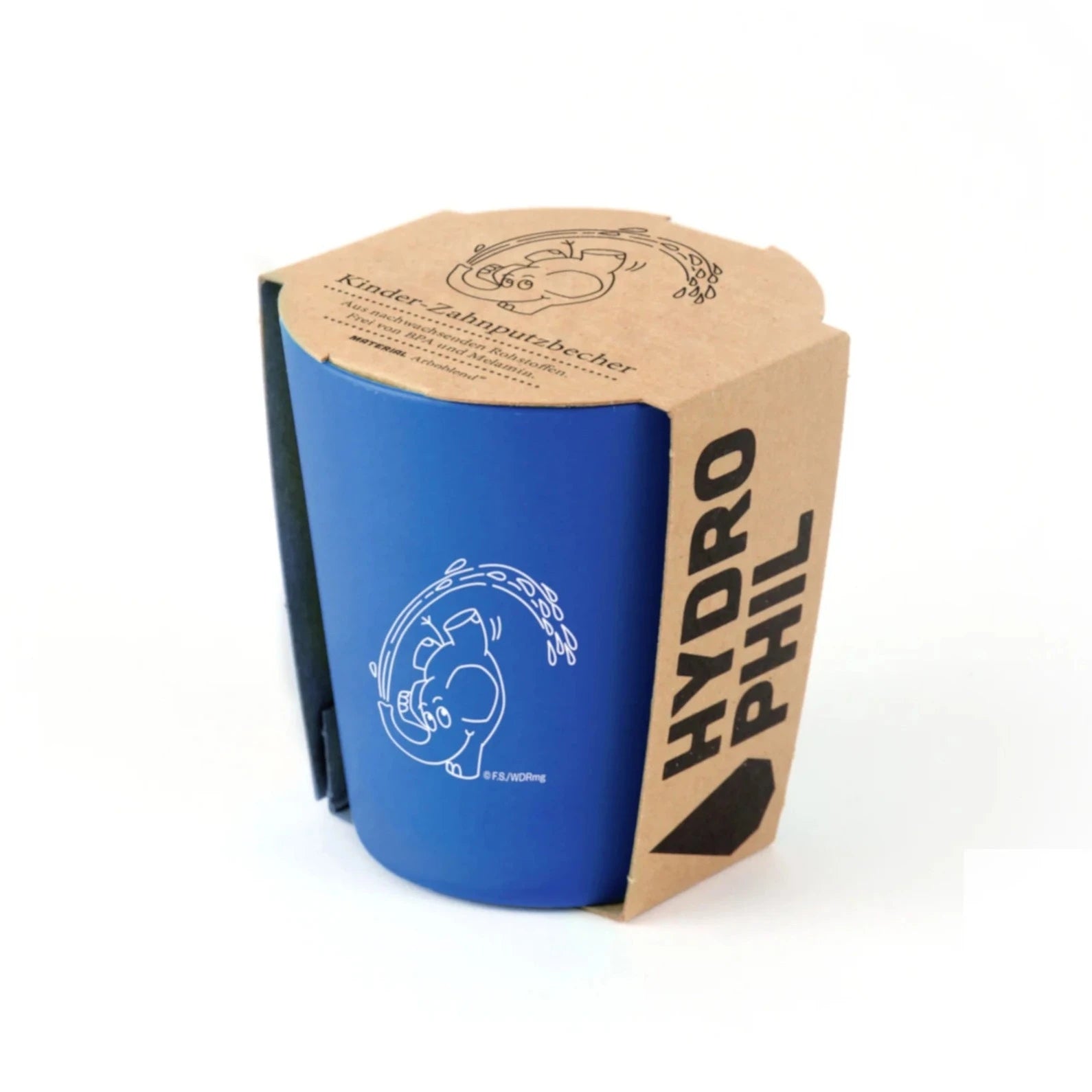 Blauer Kinder-Zahnputzbecher mit Elefantenmotiv, verpackt in brauner Kartonhalterung mit "HYDROPHIL"-Aufdruck.