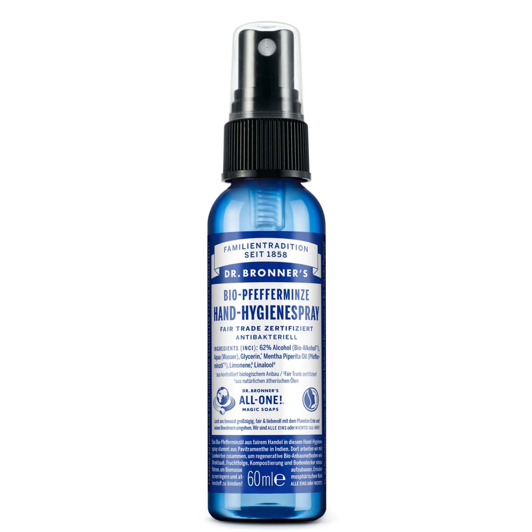 Blaue Sprühflasche mit Dr. Bronner's Bio-Pfefferminze Hand-Hygienespray, 60 ml, antibakteriell, fair trade zertifiziert.