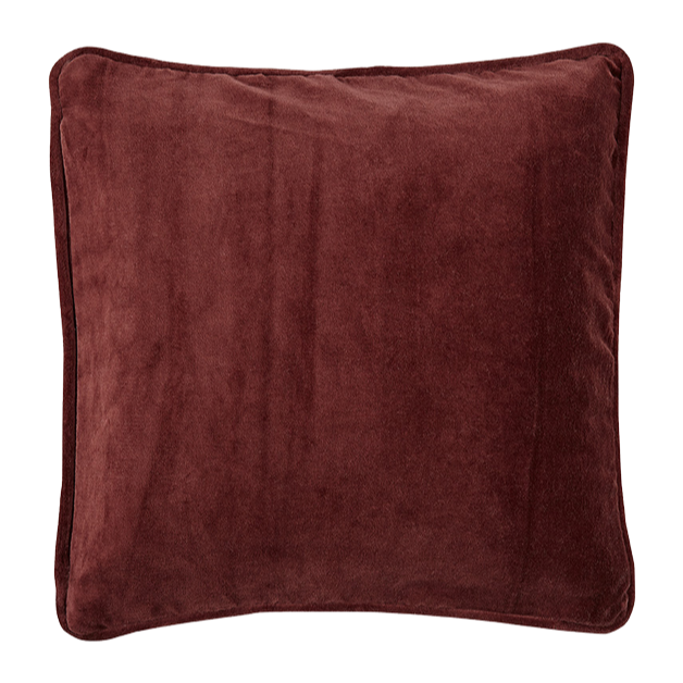 Braunes, rechteckiges Kissen mit weichem Stoffbezug.