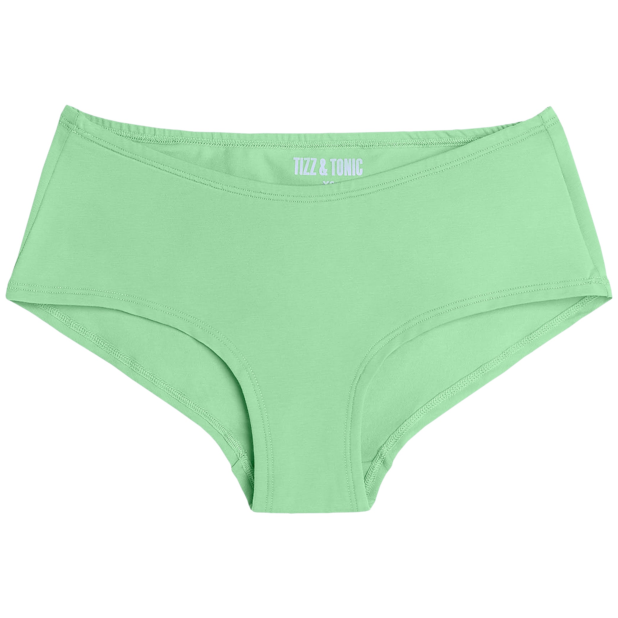 Hellgrüne Damenunterwäsche im Hipster-Stil mit schlichtem Design und weißem TIZZ & TONIC Aufdruck am Bund. Der Stoff wirkt glatt und dehnbar.