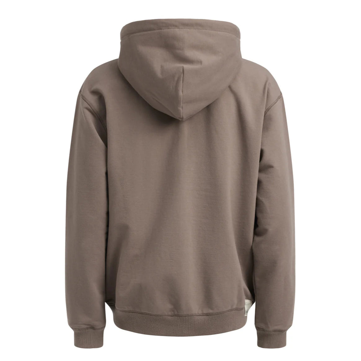 Rückansicht eines braunen Hoodies mit Kapuze, ohne sichtbare Markenkennzeichnung oder Verzierungen.