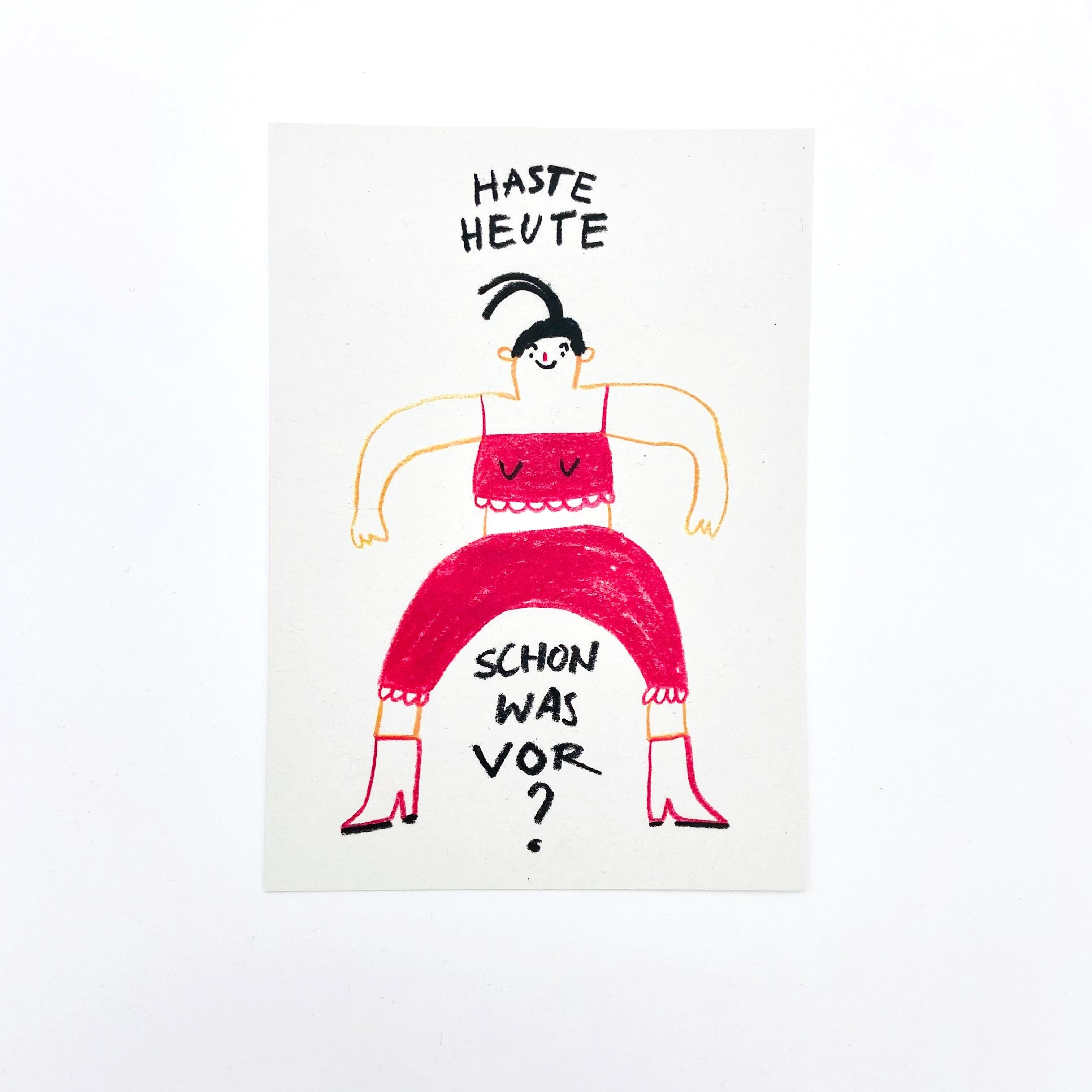 Illustration einer Person in rotem Outfit mit den Worten "Haste heute schon was vor?" darüber und darunter.
