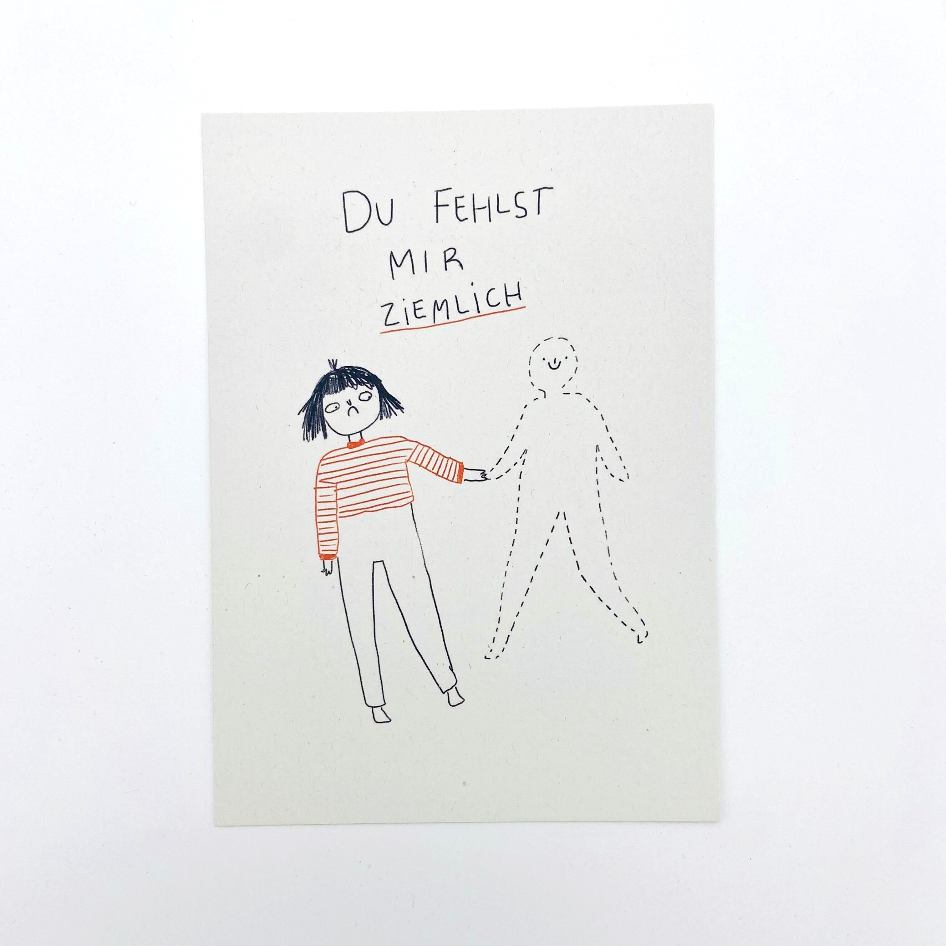 Zeichnung einer Person, die eine gestrichelte Silhouette hält, mit dem Text "Du fehlst mir ziemlich" darüber.
