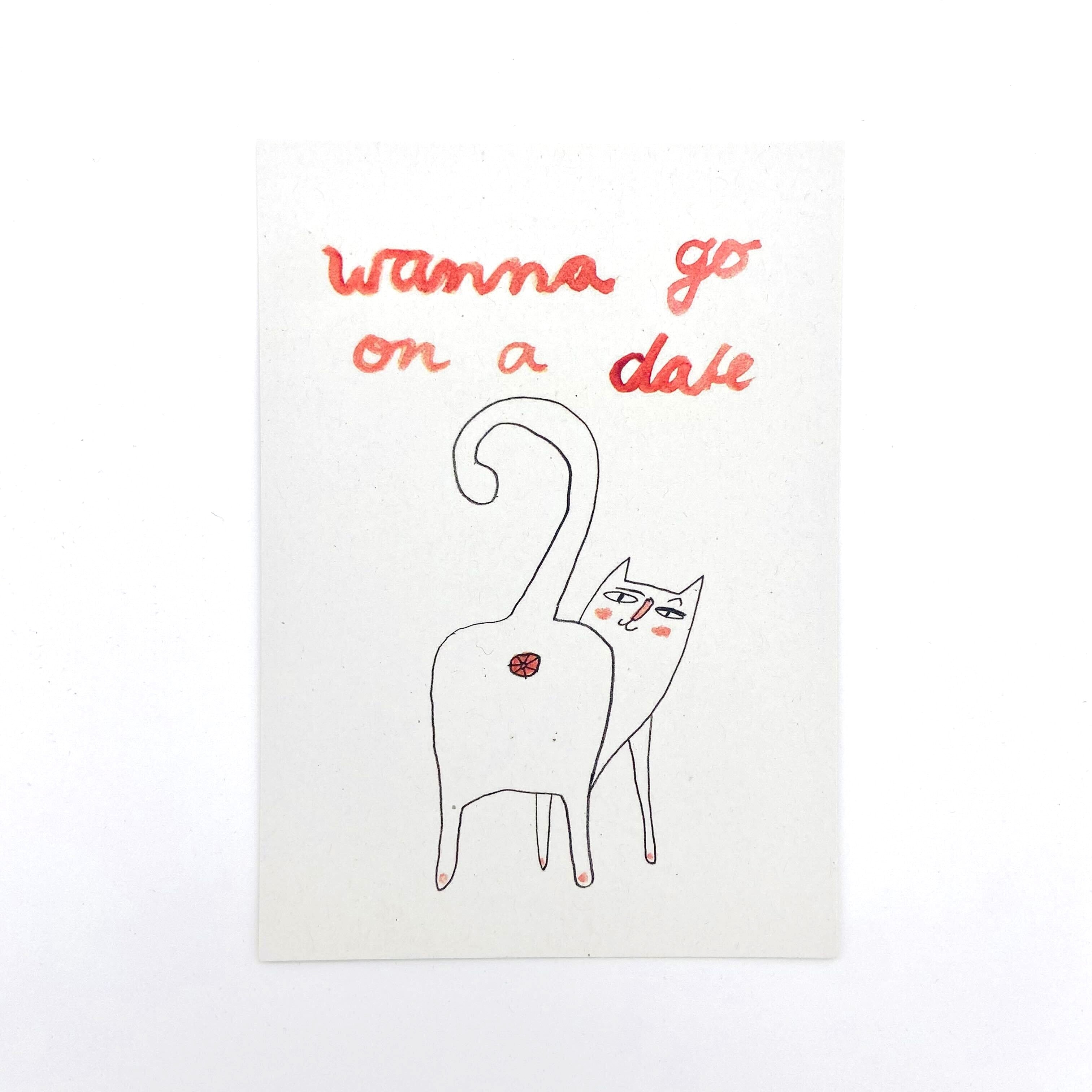 Zeichnung einer Katze mit dem Text "wanna go on a date".