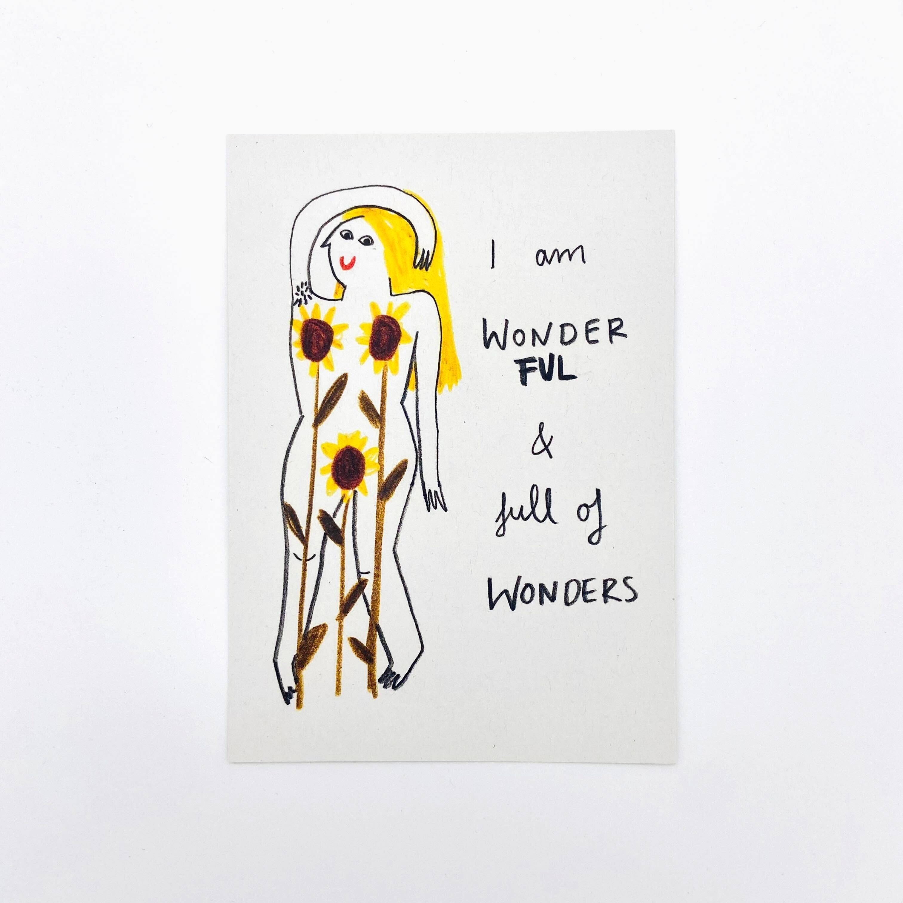 Illustration einer Figur mit Sonnenblumen am Körper und dem Satz "I am WONDERFUL & full of WONDERS" auf Englisch.