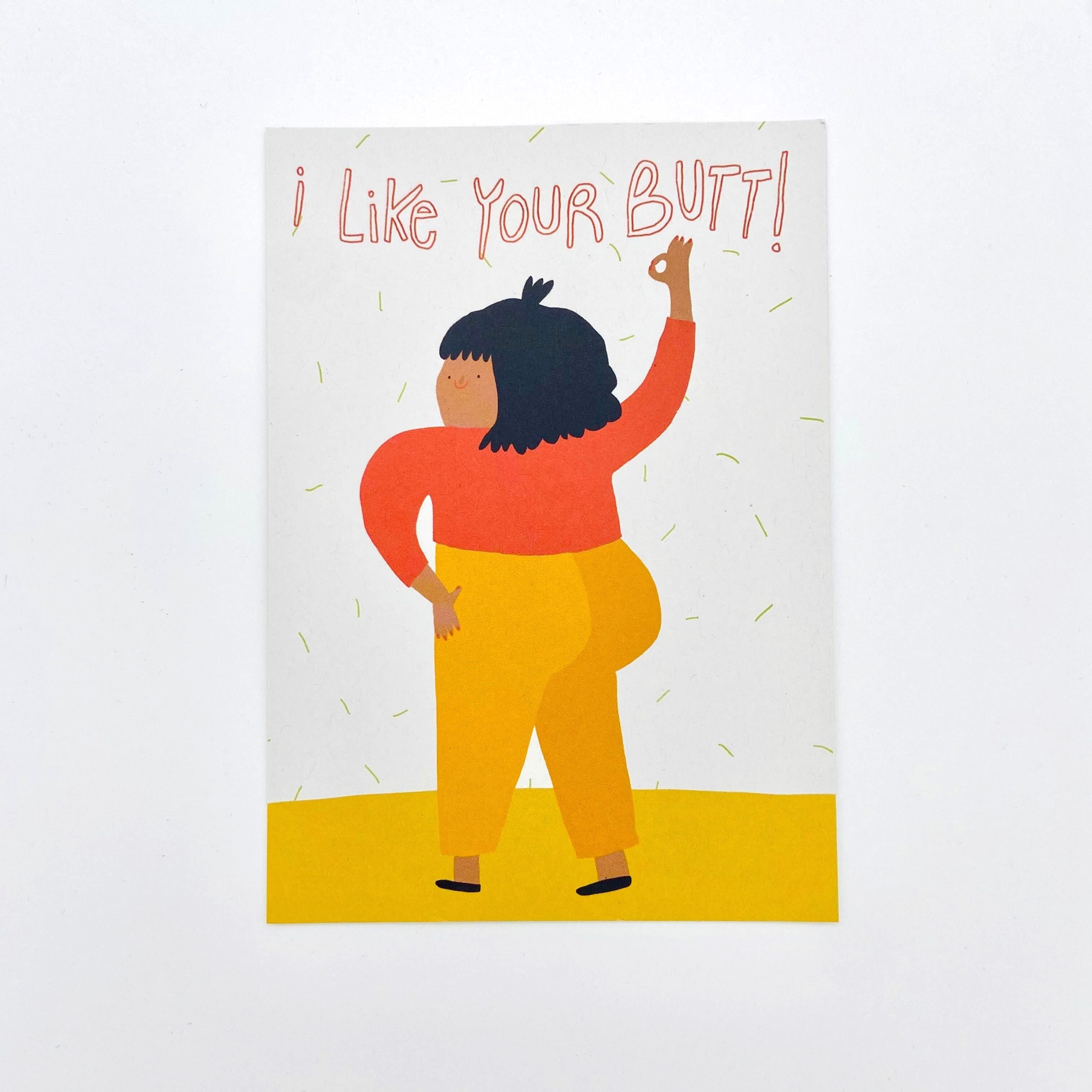 Illustration einer Person in rotem Oberteil und gelber Hose, zeigt ein "Okay"-Zeichen. Text oben: "I like your butt!".