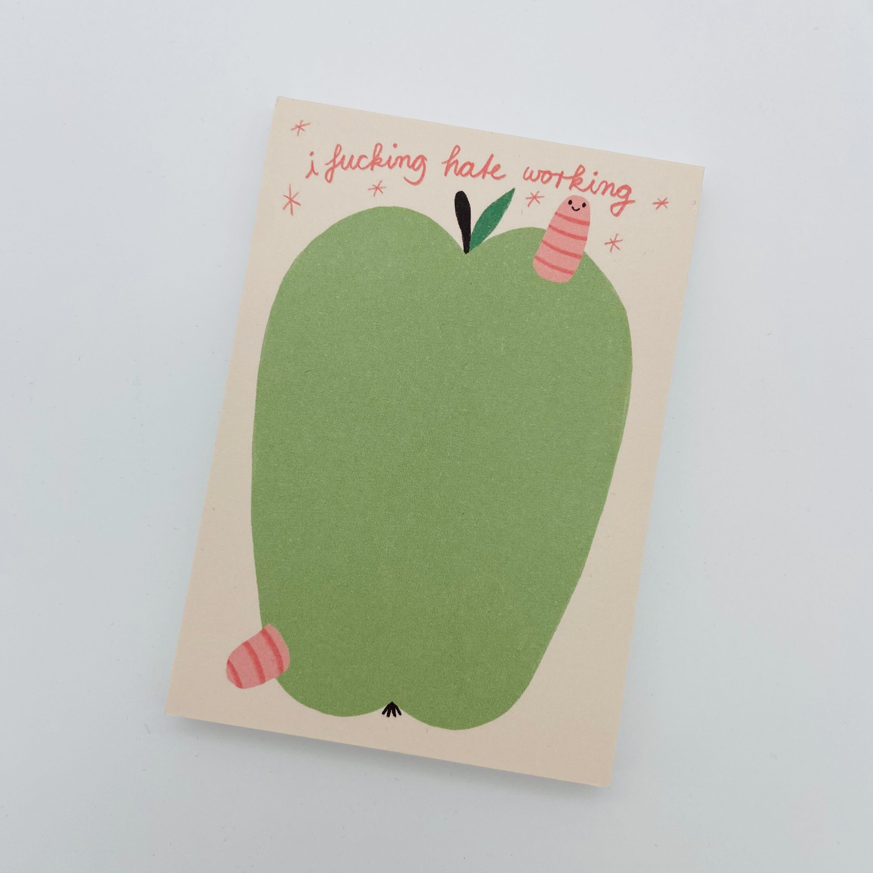 Illustration einer grünen Birne mit zwei Würmern und dem Text: "i fucking hate working" auf einem beigen Hintergrund.