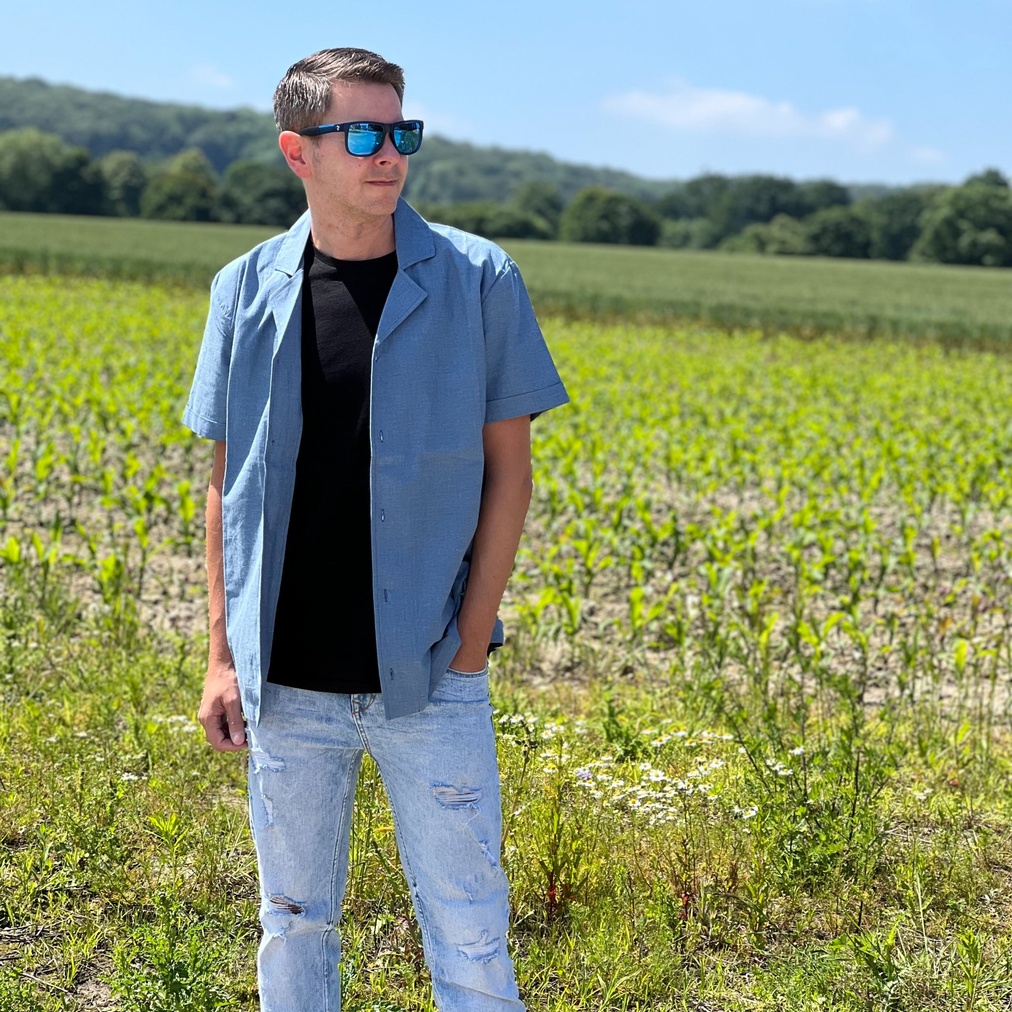 MELA Herren kurzärmliges Hemd "MOHAN" Blau Chambray