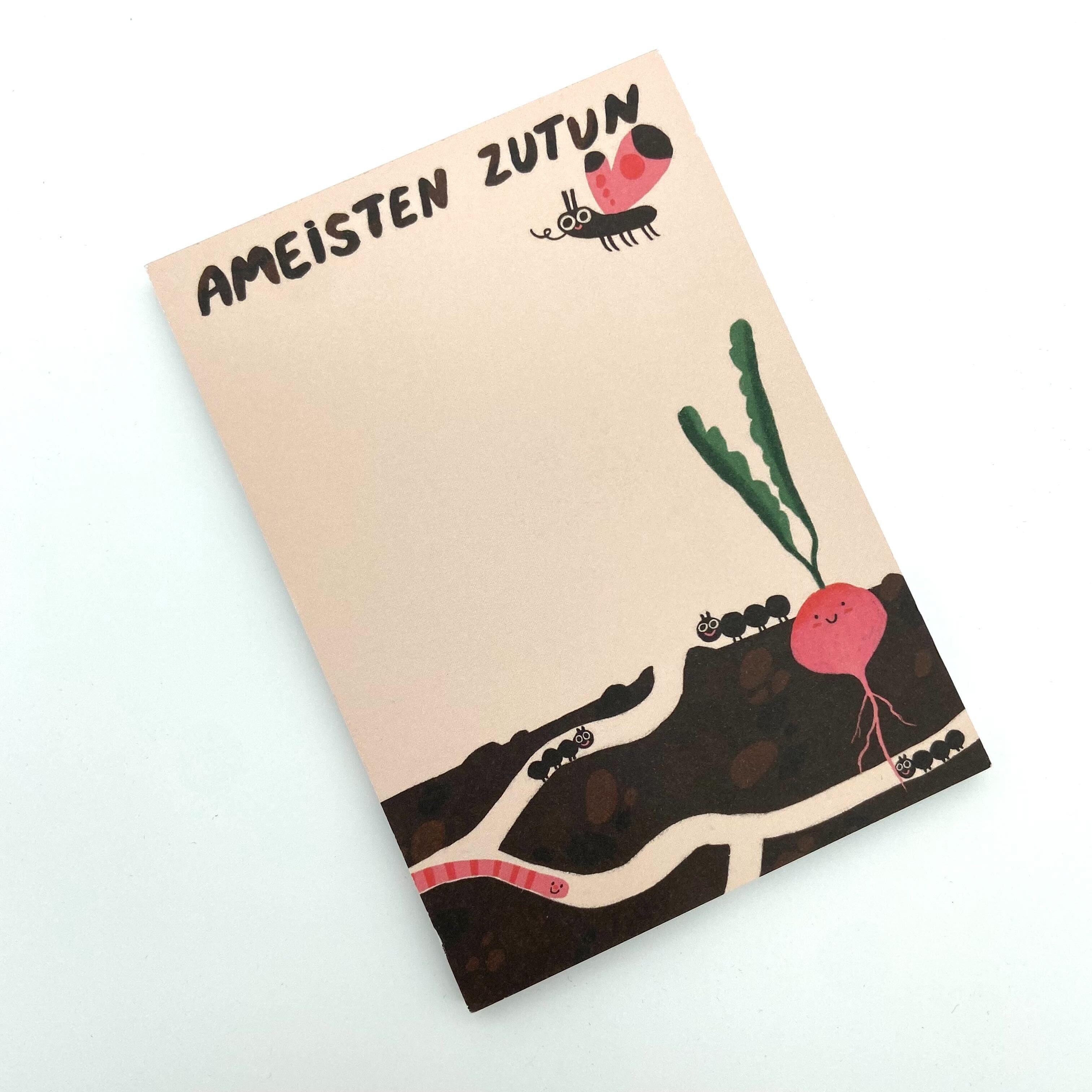 Illustrierte Karte mit Ameisen, einem Wurm und einer Rübe im Boden, mit dem Titel "AMEISTEN ZUTUN" oben.