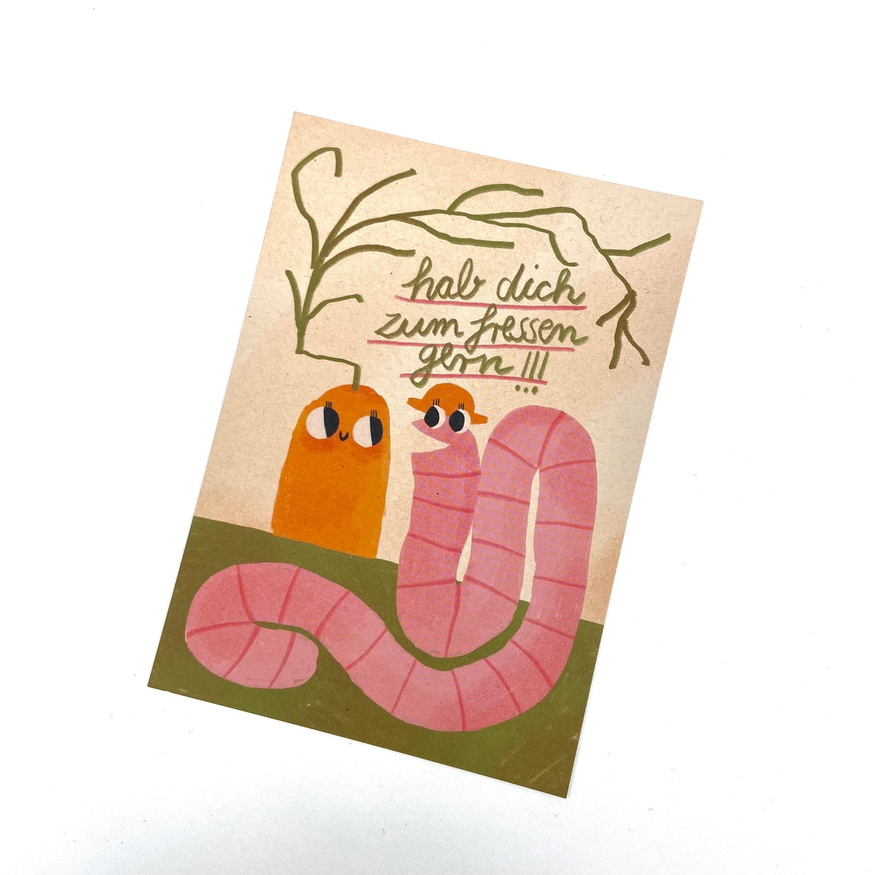 Eine Karte mit Karikaturen eines Wurms und einer Karotte, mit dem Text: "hab dich zum fressen gern".