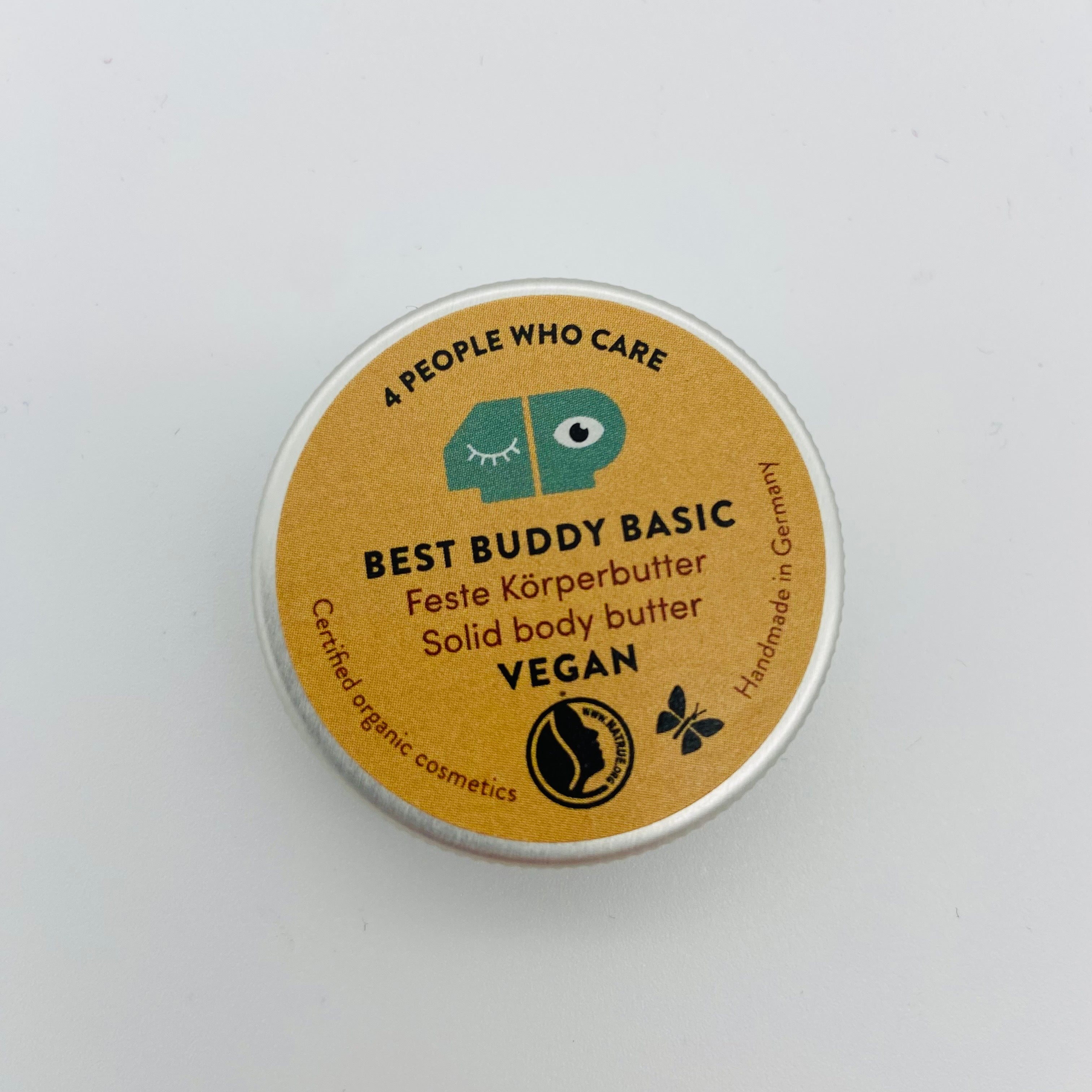 Runde Dose mit der Aufschrift "Best Buddy Basic" und "Feste Körperbutter". Vegan und handgefertigt in Deutschland.