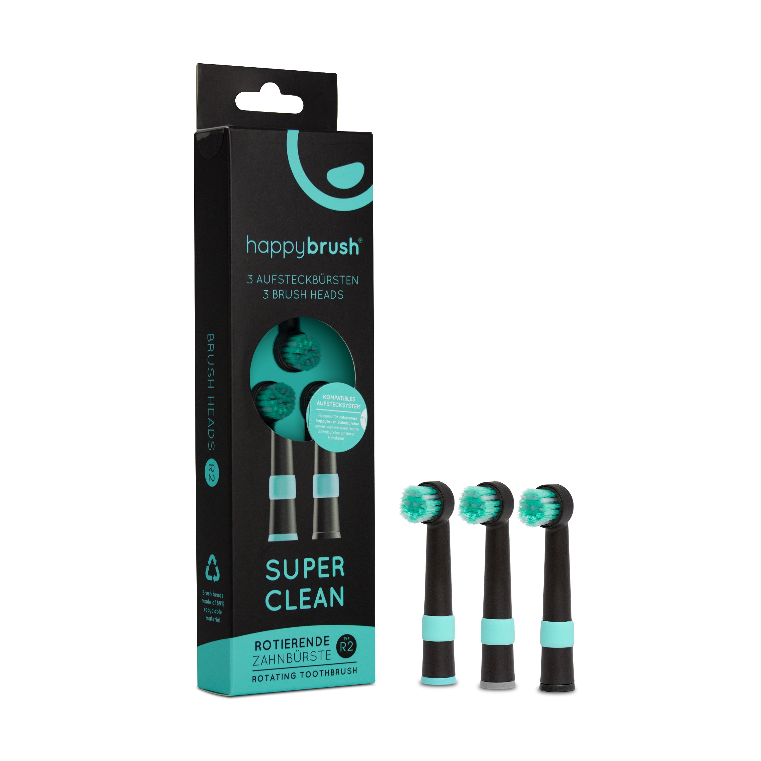 happybrush Aufsteckbürsten "Rundkopf R2" 3er Set Blackmint