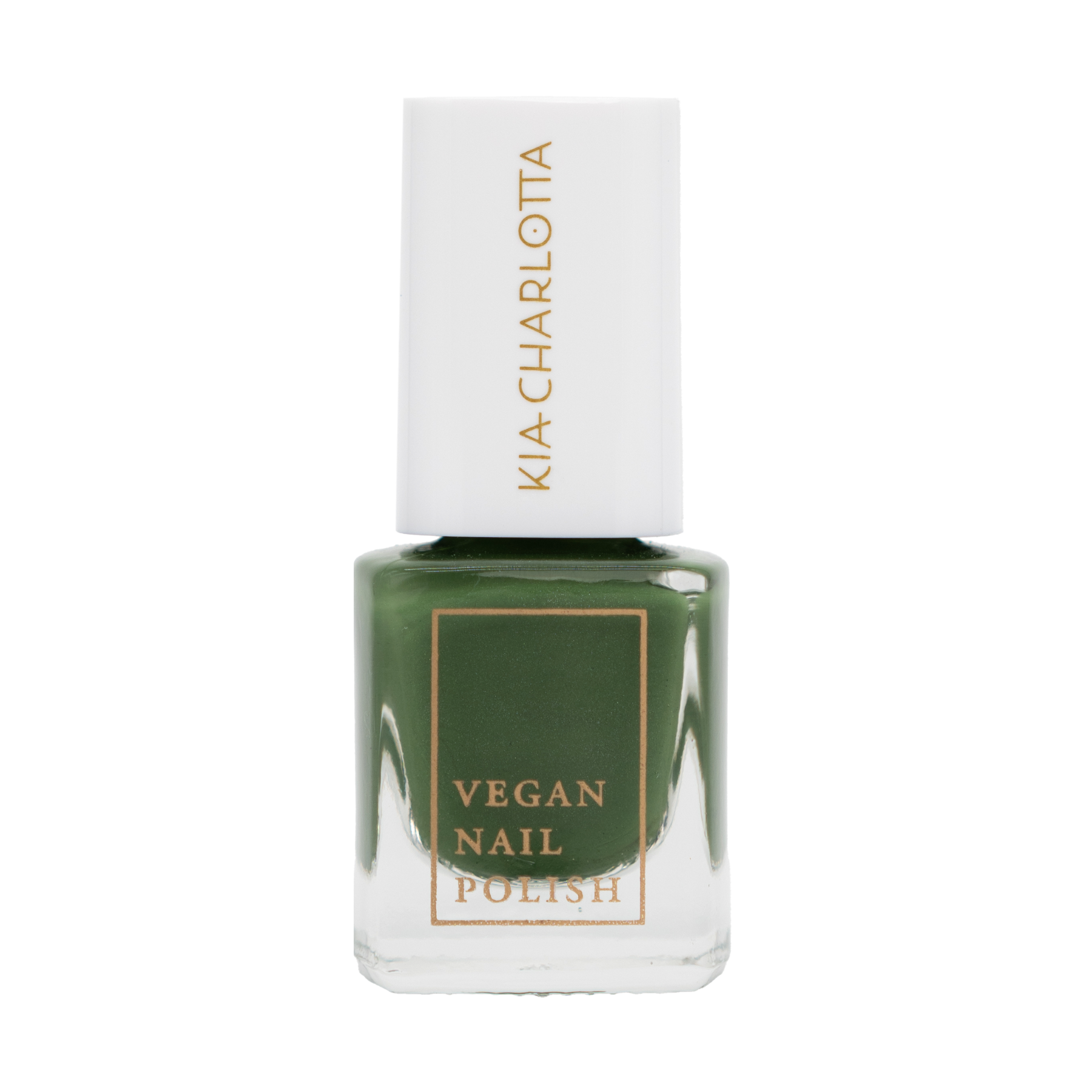 Grüner Nagellack in einer rechteckigen Flasche mit weißem Deckel und goldenem Text "VEGAN NAIL POLISH".