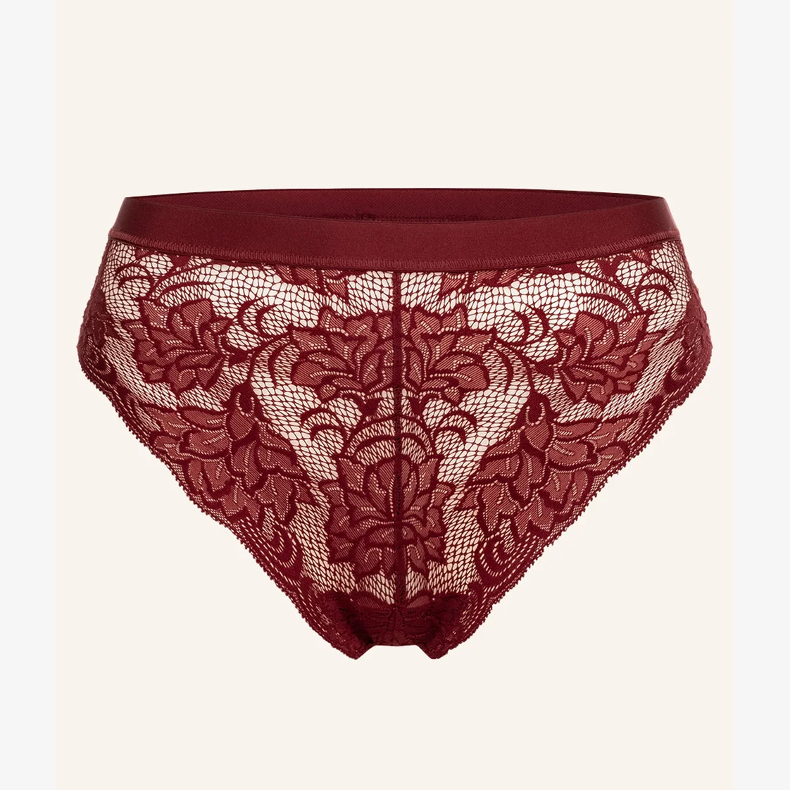Rote Spitze-Unterhose mit floralen Mustern und einem breiten elastischen Bund.