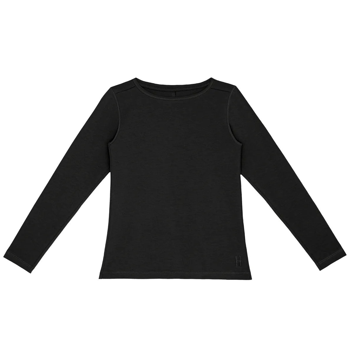Ein schlichtes schwarzes, langärmeliges T-Shirt mit Rundhalsausschnitt liegt flach auf einem weißen Hintergrund. Das Hemd hat ein einfaches, tailliertes Design ohne sichtbare Muster oder Verzierungen.