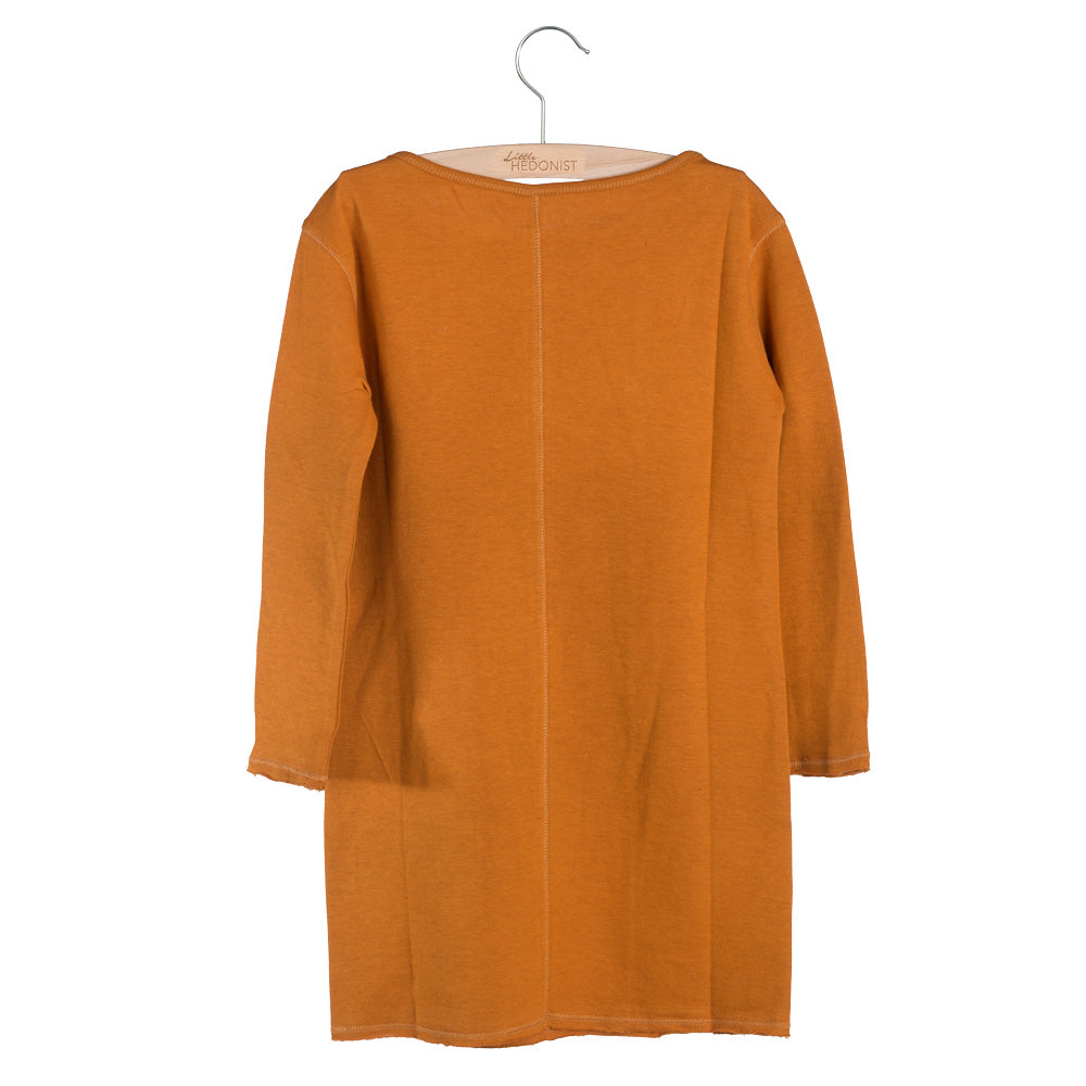 Ein langärmeliges, knielanges, orangefarbenes Kleid hängt auf einem Bügel vor einem weißen Hintergrund, von hinten gesehen.