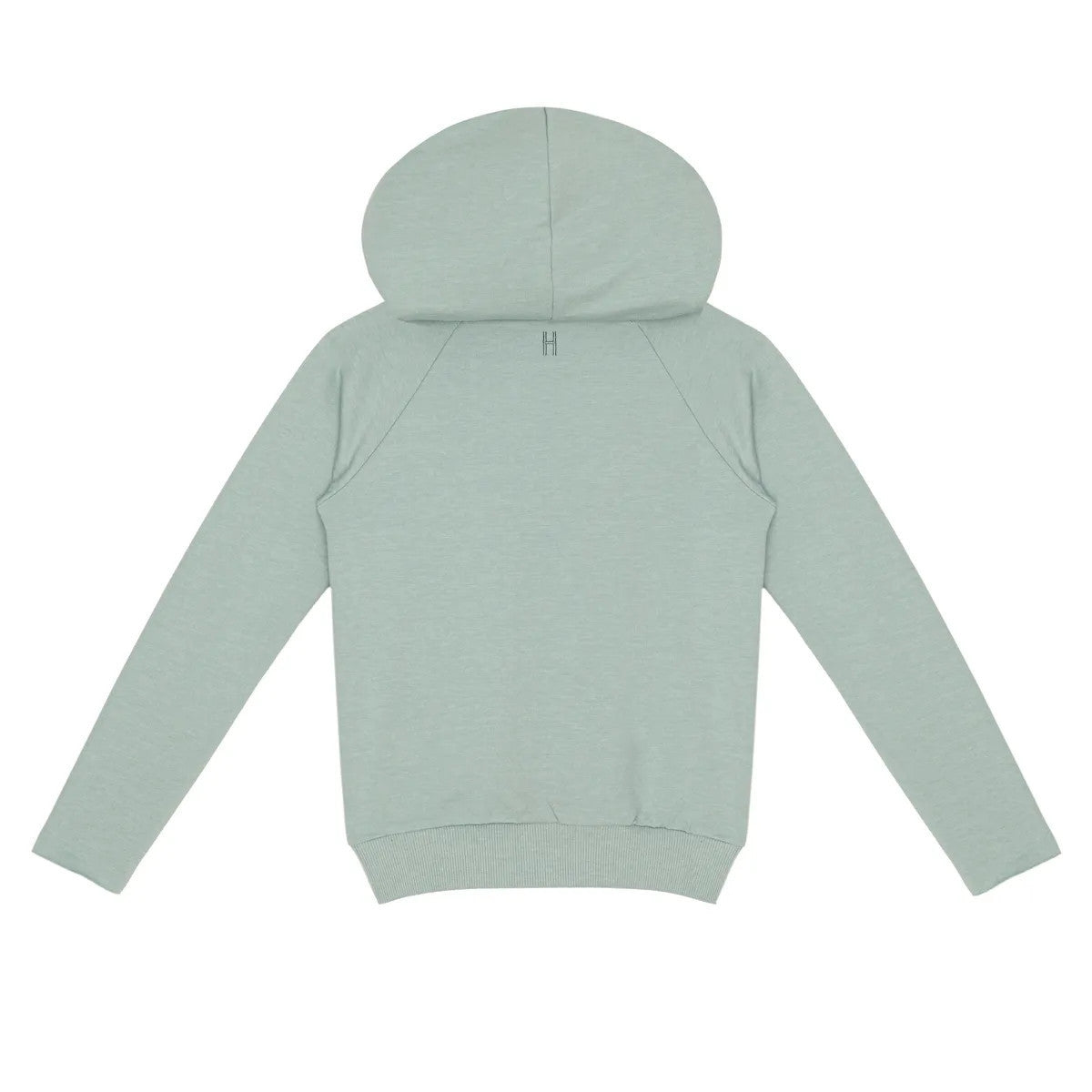 Hellgrünes Sweatshirt mit Kapuze, von hinten gesehen, mit langen Ärmeln und geripptem Bund, auf weißem Grund.