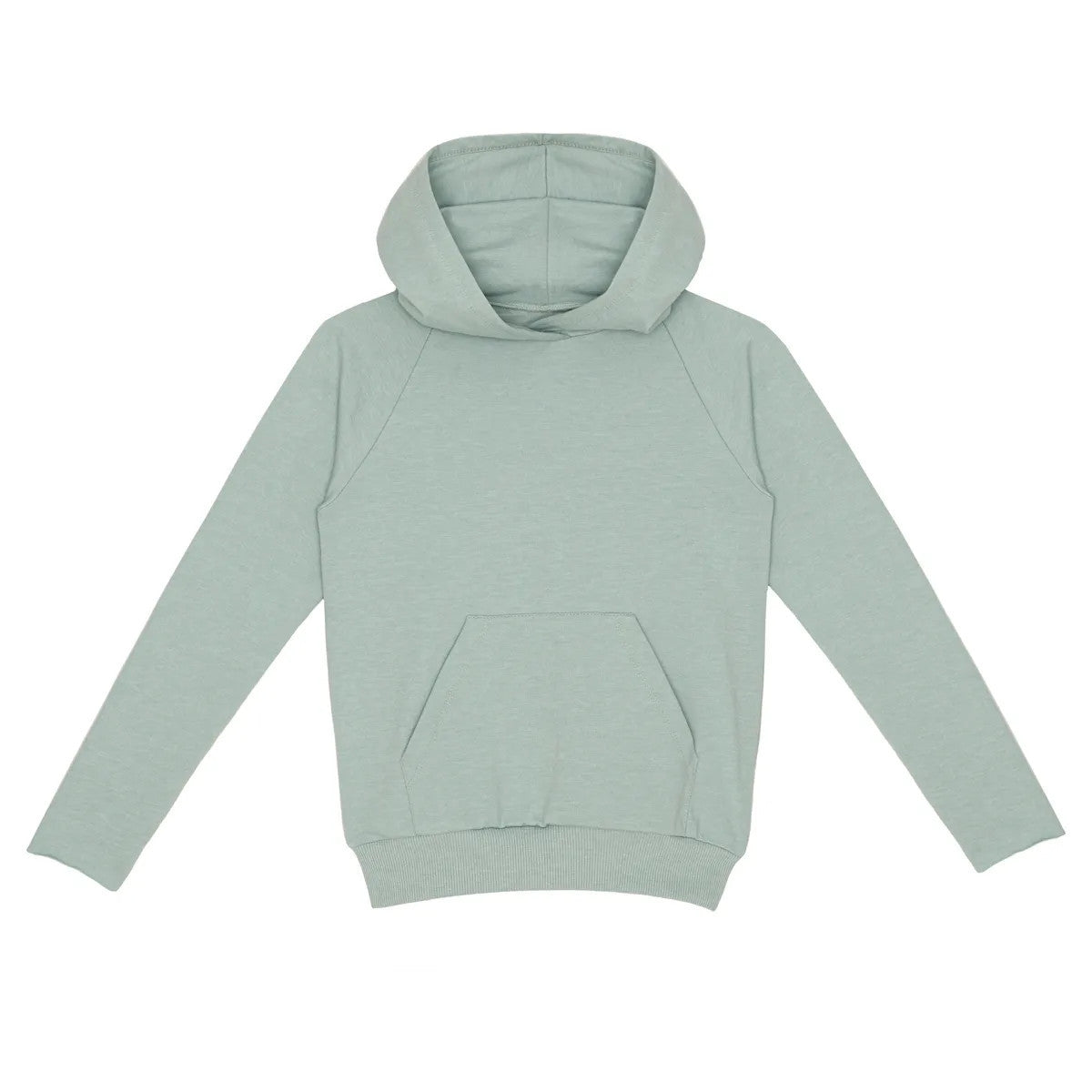 Hellgrünes Kapuzensweatshirt mit langen Ärmeln, einer Kängurutasche auf der Vorderseite und einem gerippten Bund und Bündchen auf weißem Grund.