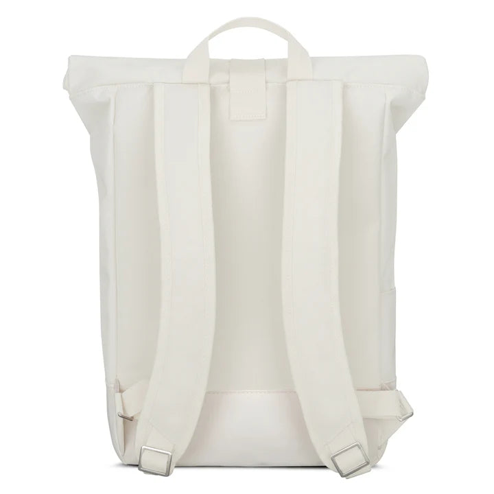 Ein minimalistischer, cremefarbener Rucksack mit gepolsterten Schulterriemen, einem Griff an der Oberseite und einer rechteckigen Form mit klarem, modernem Design wird von hinten gezeigt.