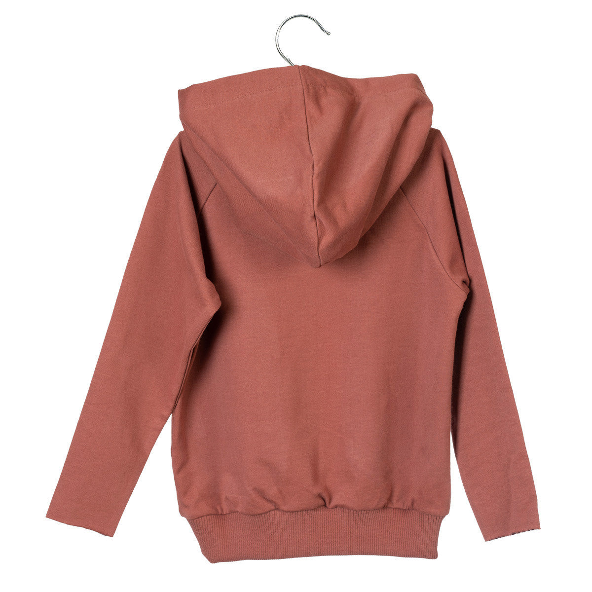 Ein schlichter, langärmeliger, rostfarbener Kapuzenpullover wird auf einem Bügel ausgestellt, von hinten gesehen. Die Kapuze ist hochgezogen, und das Sweatshirt hat gerippte Bündchen und Saum.
