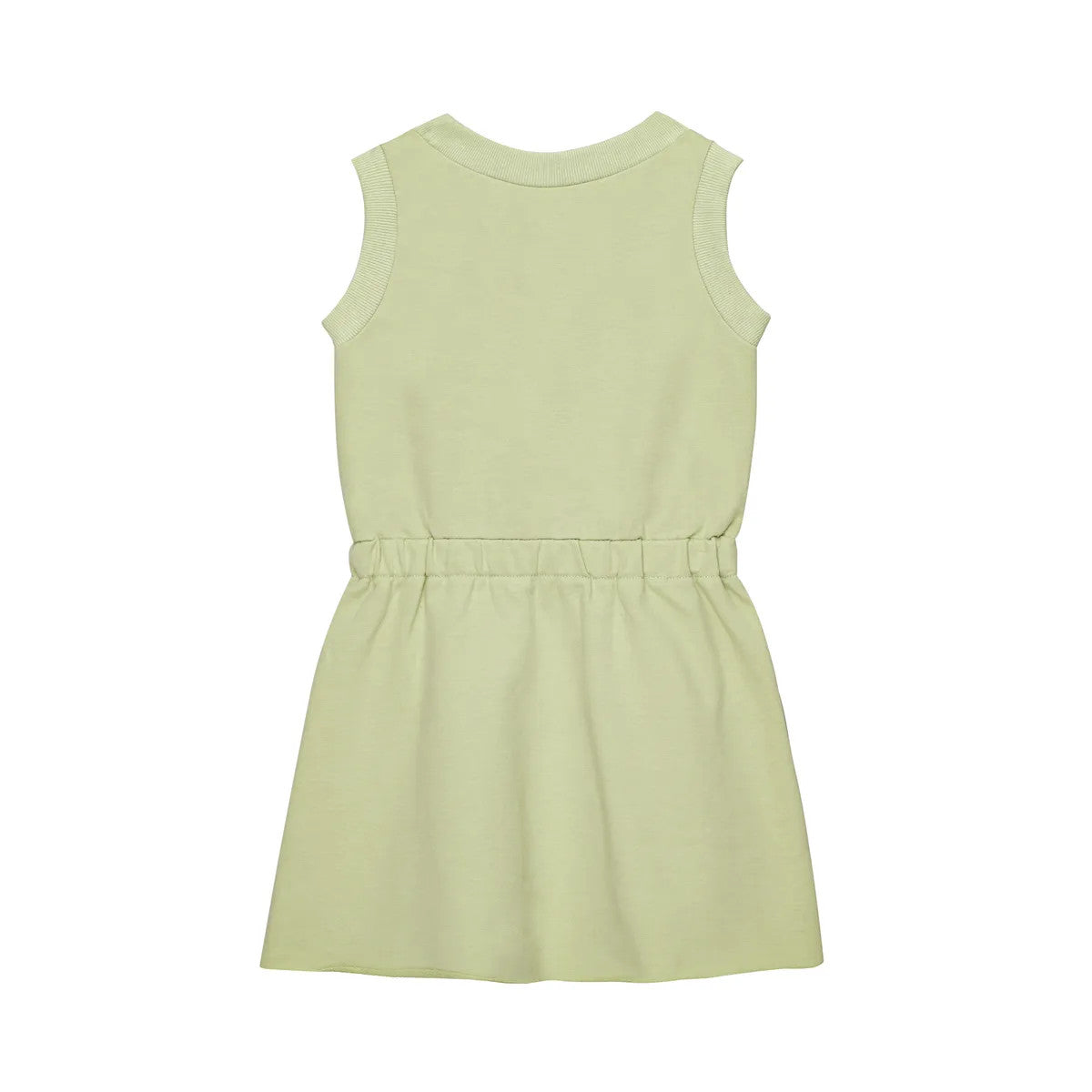 Hellgrünes ärmelloses Kleid für Kinder, von hinten gezeigt. Das Kleid hat einen Rundhalsausschnitt und einen elastischen Bund. Es hat ein einfaches, lässiges Design und keine sichtbaren Muster oder Verzierungen.
